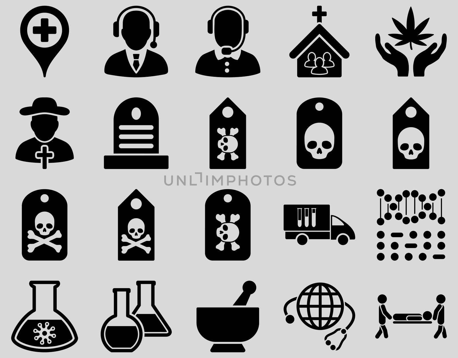 Medical icon set. Style: icons drawn with black color on a light gray background.