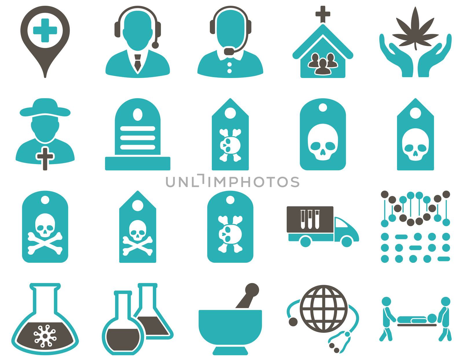 Medical icon set. Style: bicolor icons drawn with grey and cyan colors on a white background.