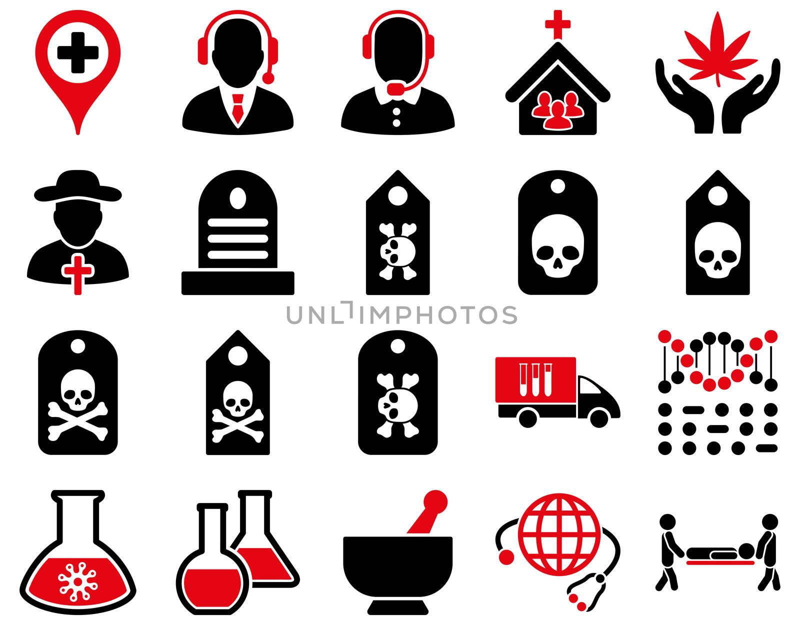 Medical icon set. Style: bicolor icons drawn with intensive red and black colors on a white background.