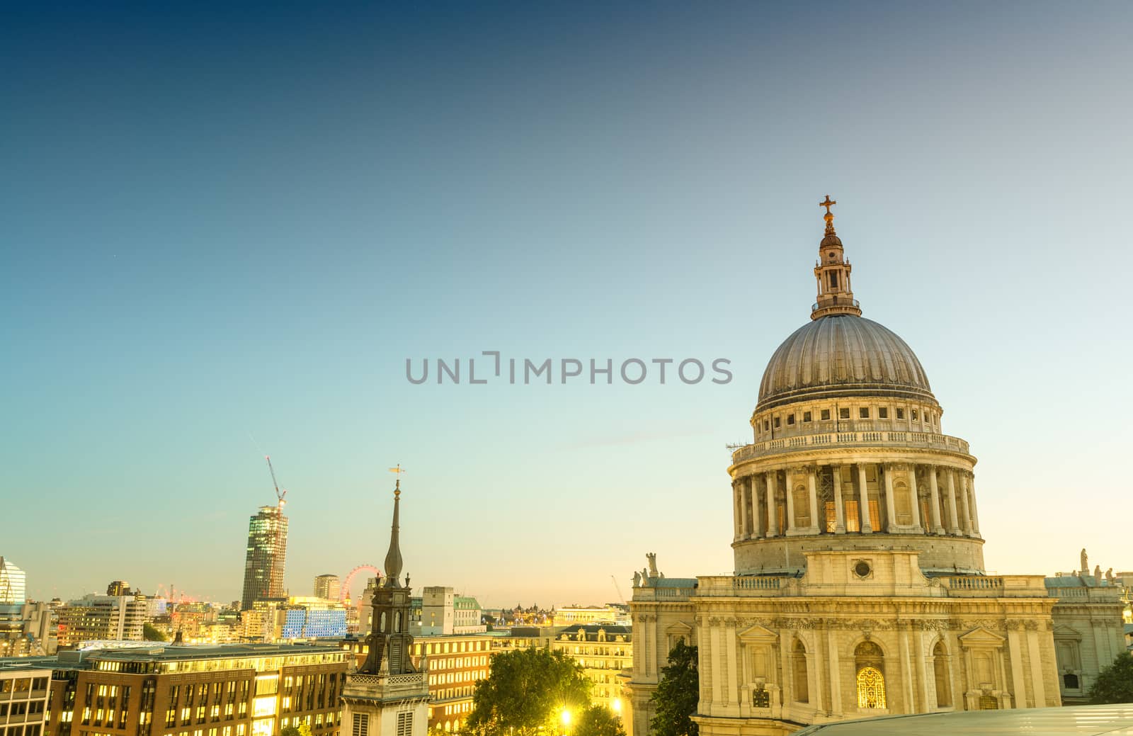 Aerial view of St Paul Cathedral at sunset - London.