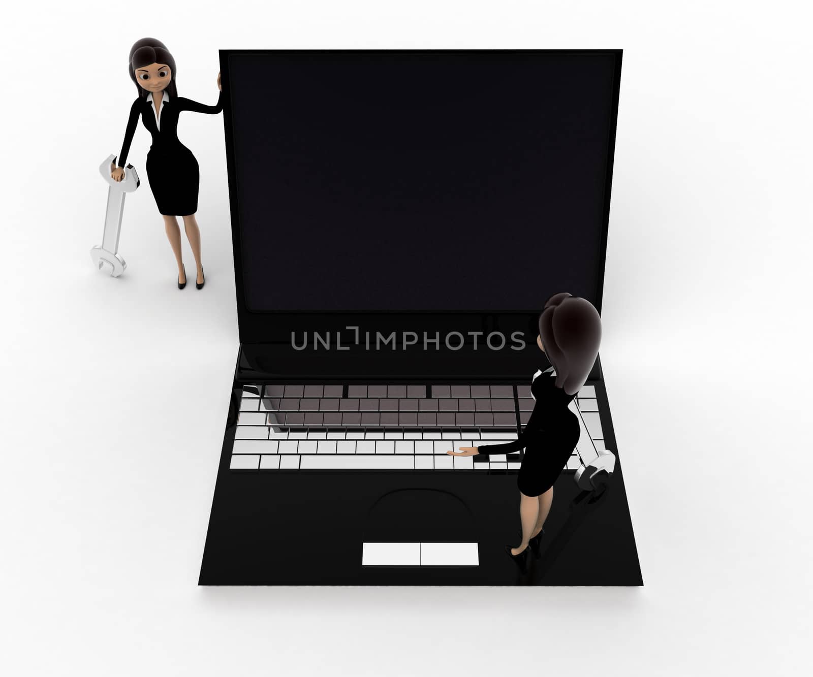 3d woman with wrench and stading on laptop concept by touchmenithin@gmail.com