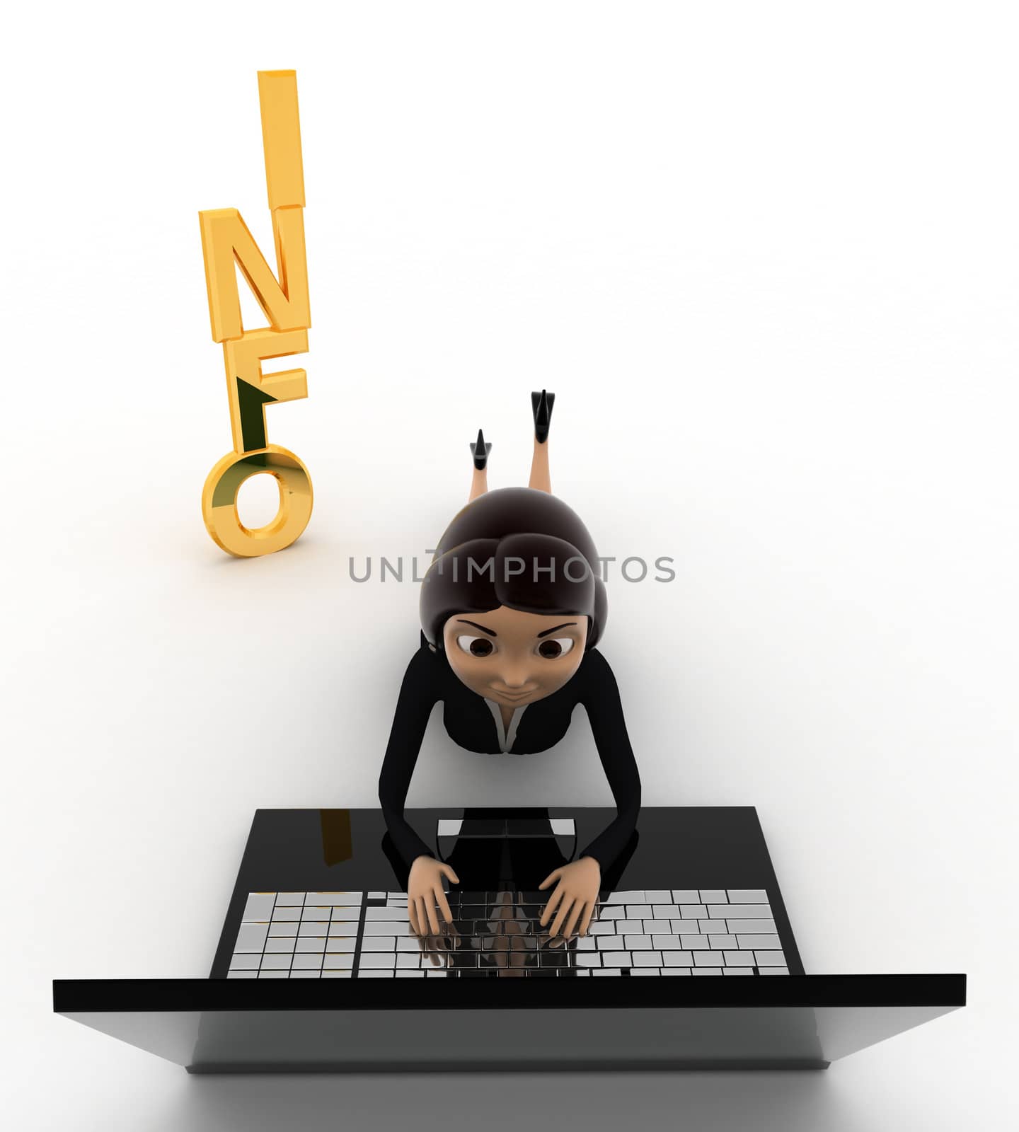 3d woman working on latpoop and with info text concept on white background, front angle view
