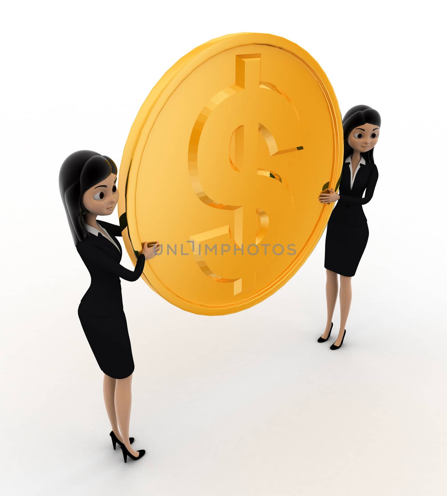 3d rabbit holding big golden dolllar coin concept on white background, side angle view
