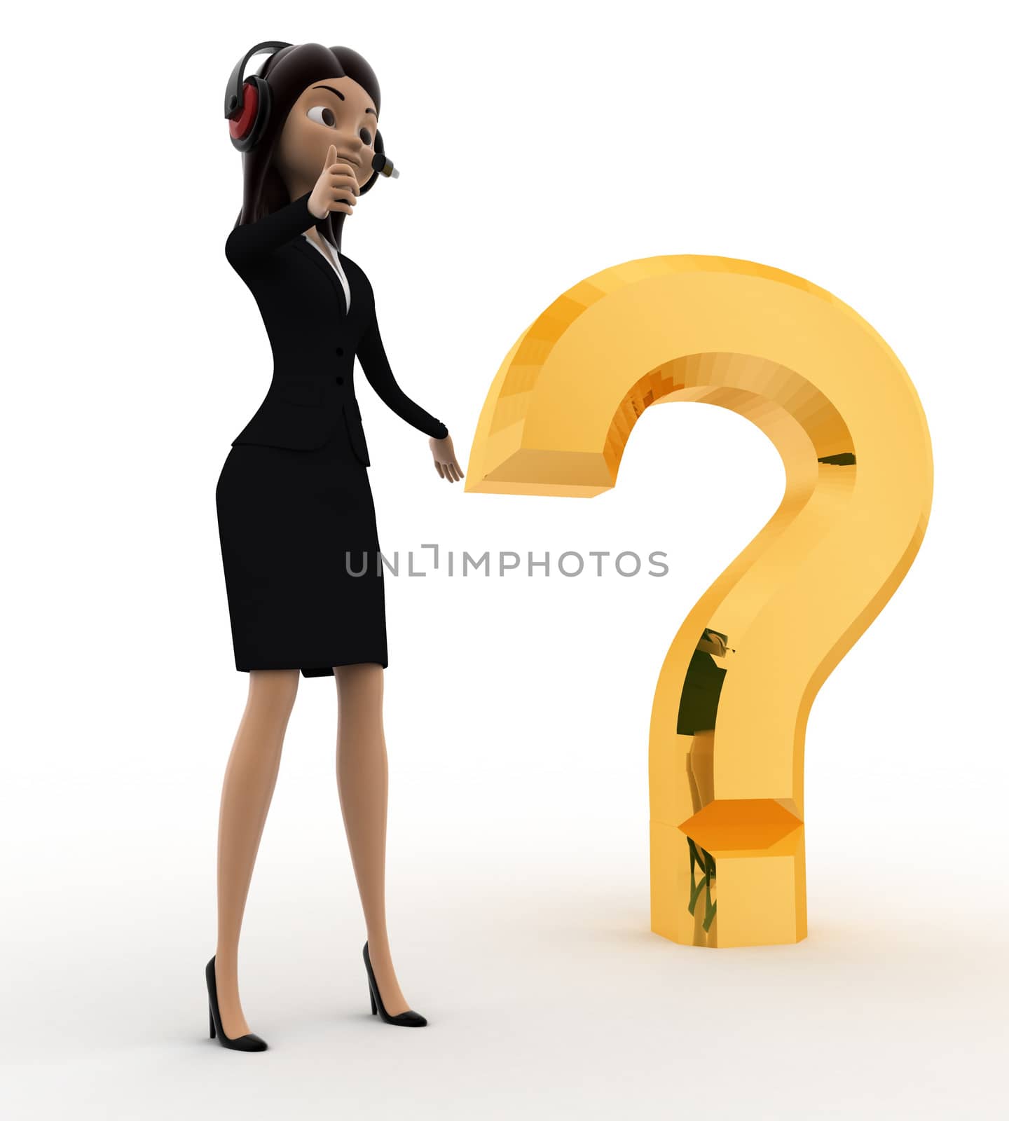 3d woman with headphone and golden question mark concept by touchmenithin@gmail.com
