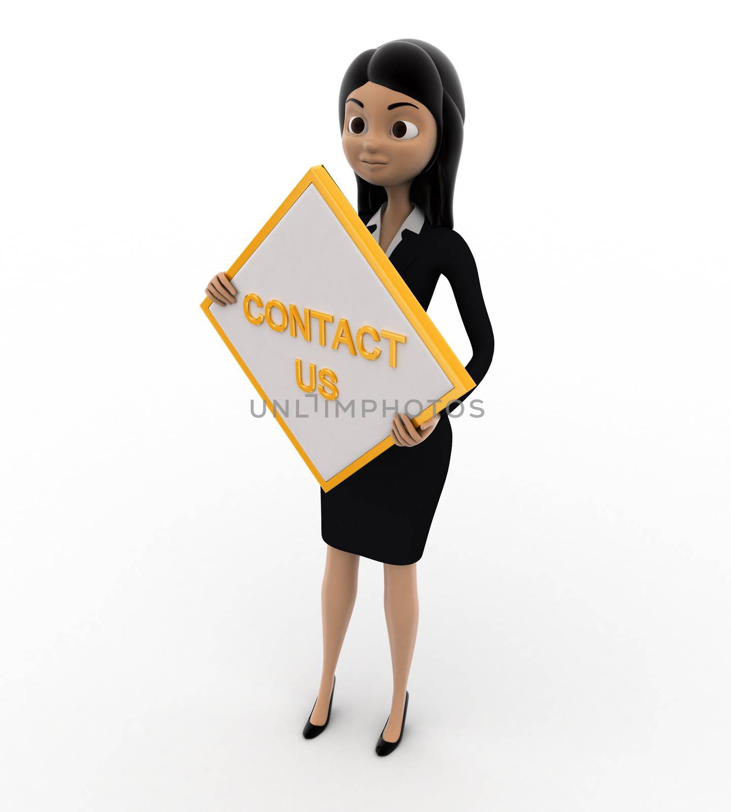 3d woman holding contact us sign board concept on white background, side angle view