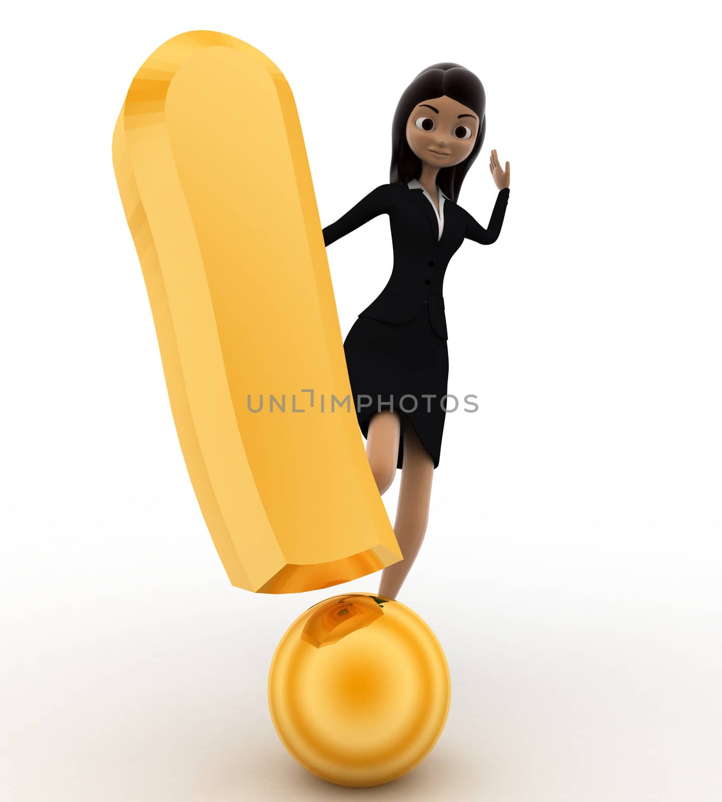3d woman kick golden exclamation mark concept on white background, front angle view