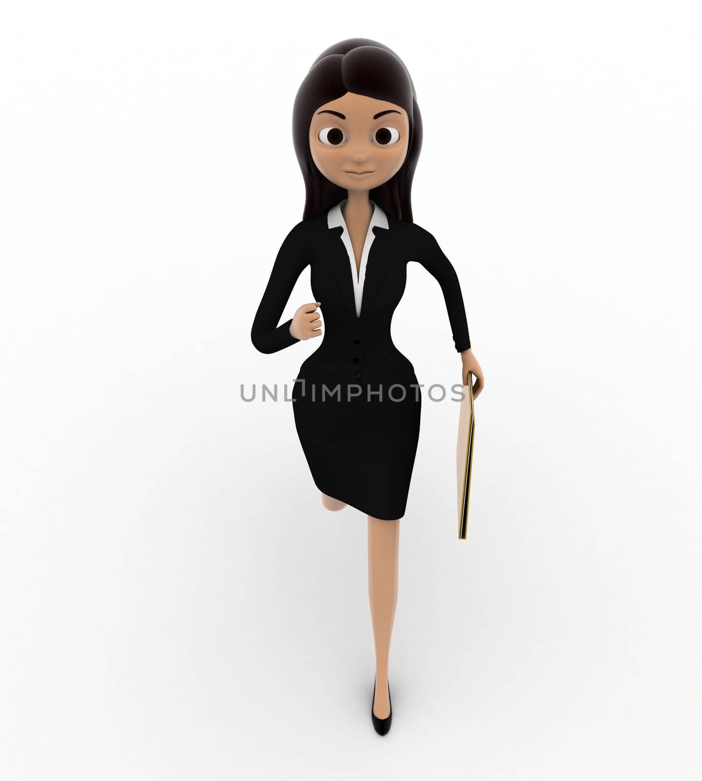 3d woman running with work file folder concept on white background, front angle view