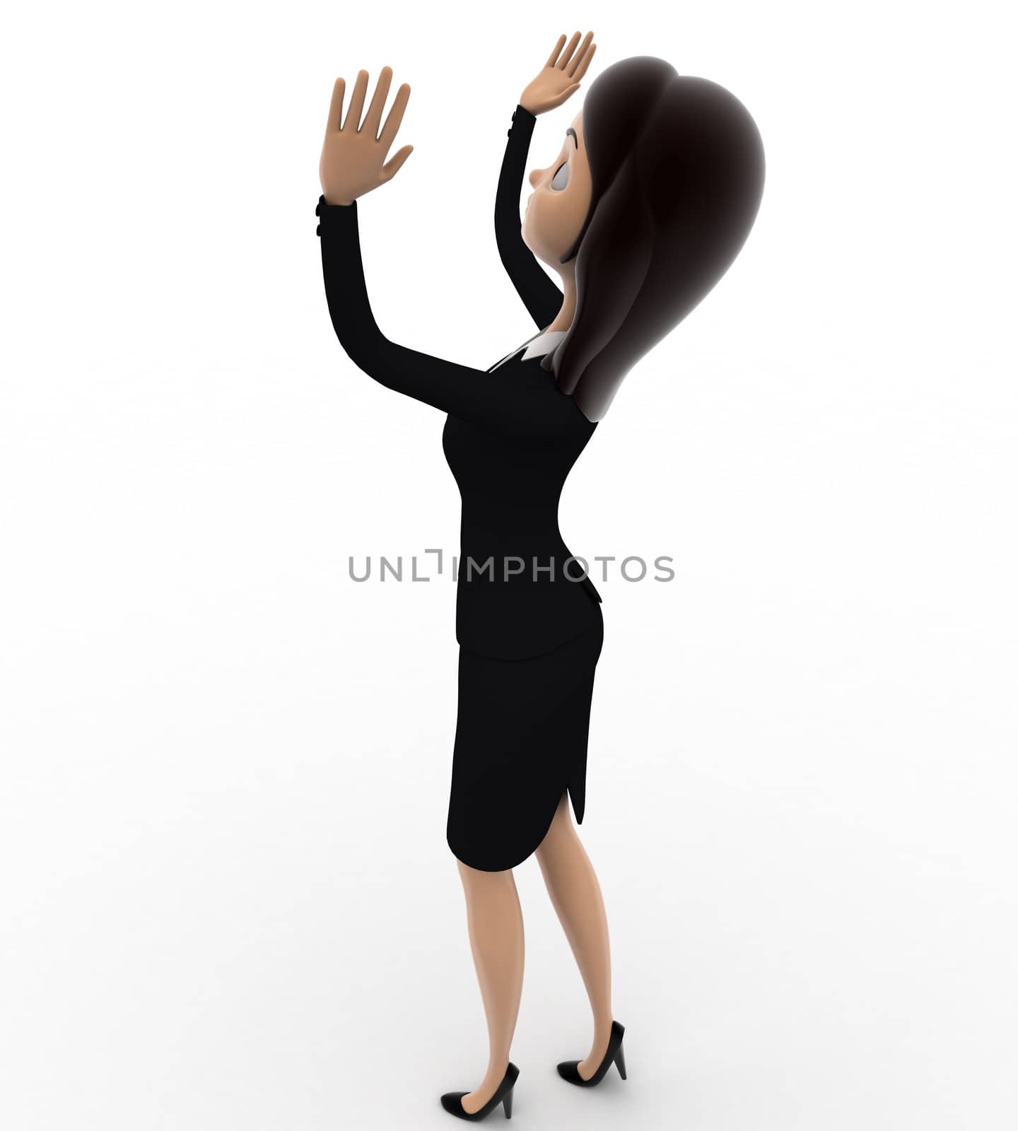 3d woman standing hands up in air and look above concept by touchmenithin@gmail.com