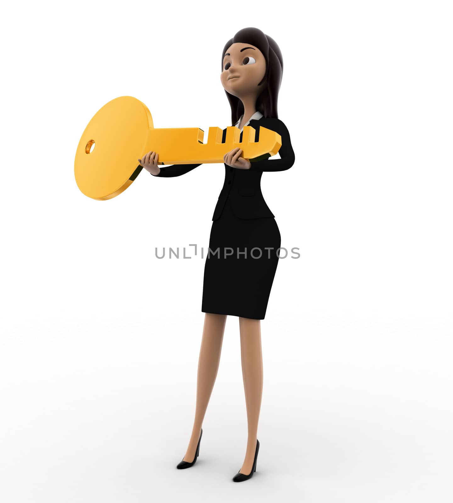 3d woman holding golden key in hand concept on white background, side angle view