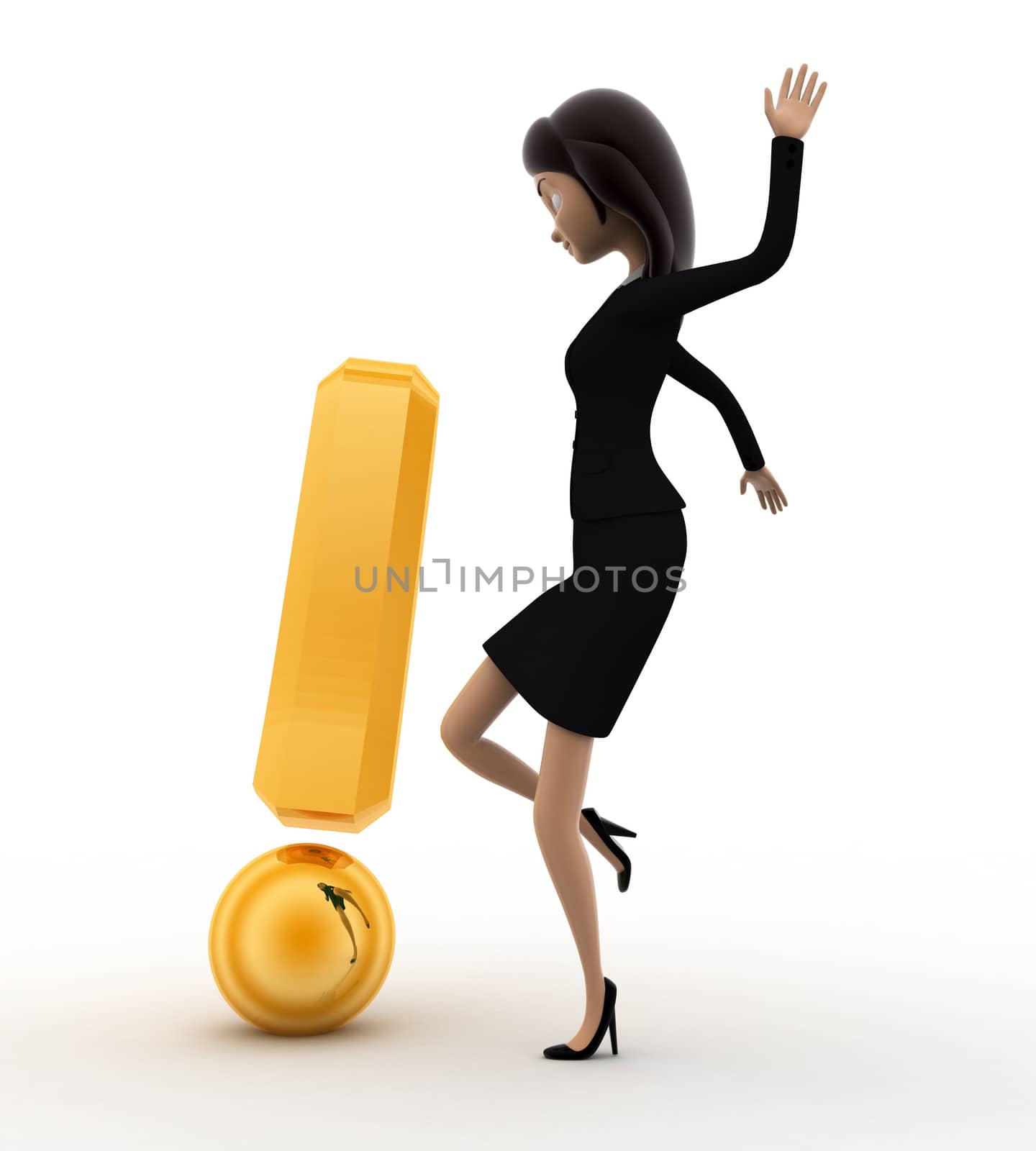 3d woman kick golden exclamation mark concept by touchmenithin@gmail.com