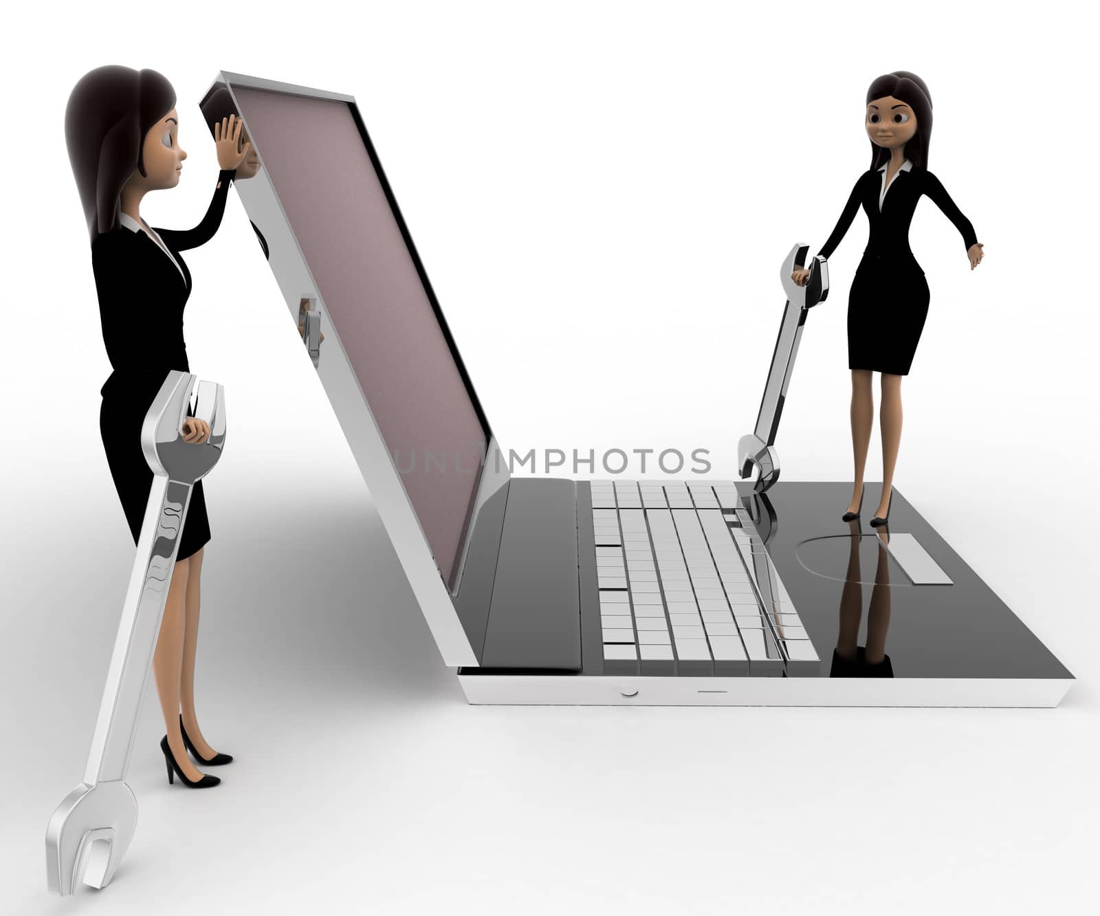 3d woman with wrench and stading on laptop concept by touchmenithin@gmail.com