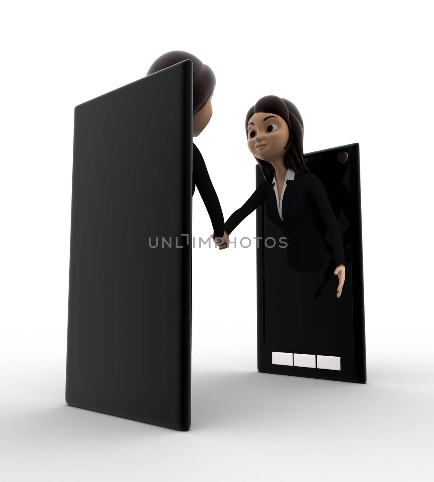 3d woman meet and ahndshake through smartphone screen concept on white background, low angle view