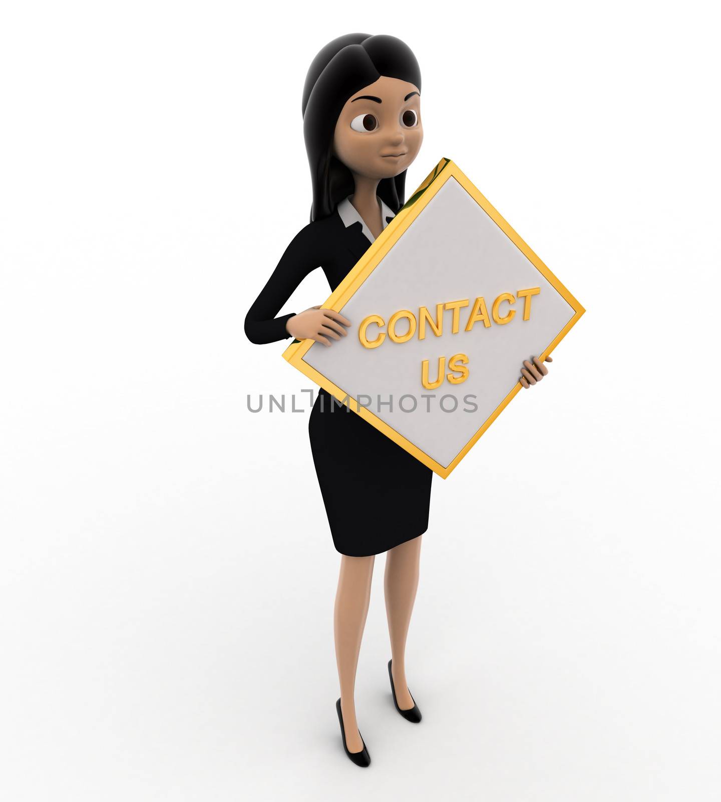 3d woman holding contact us sign board concept on white background, left side angle view