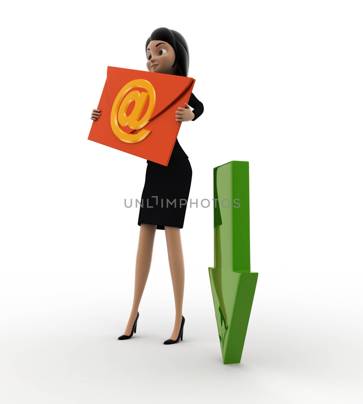 3d woman with down arrow to show download and email message in hand concept by touchmenithin@gmail.com