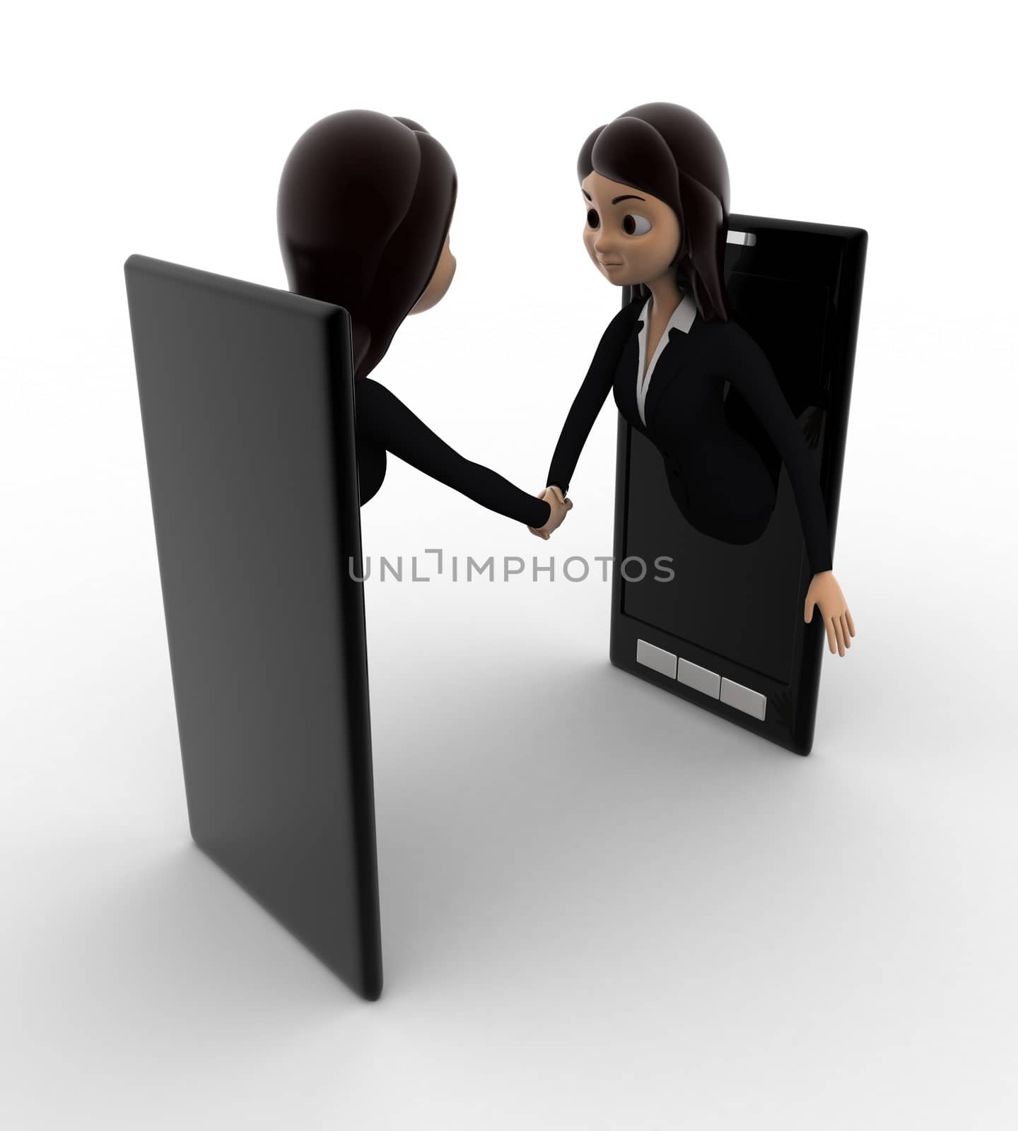 3d woman meet and ahndshake through smartphone screen concept on white background,  side angle view