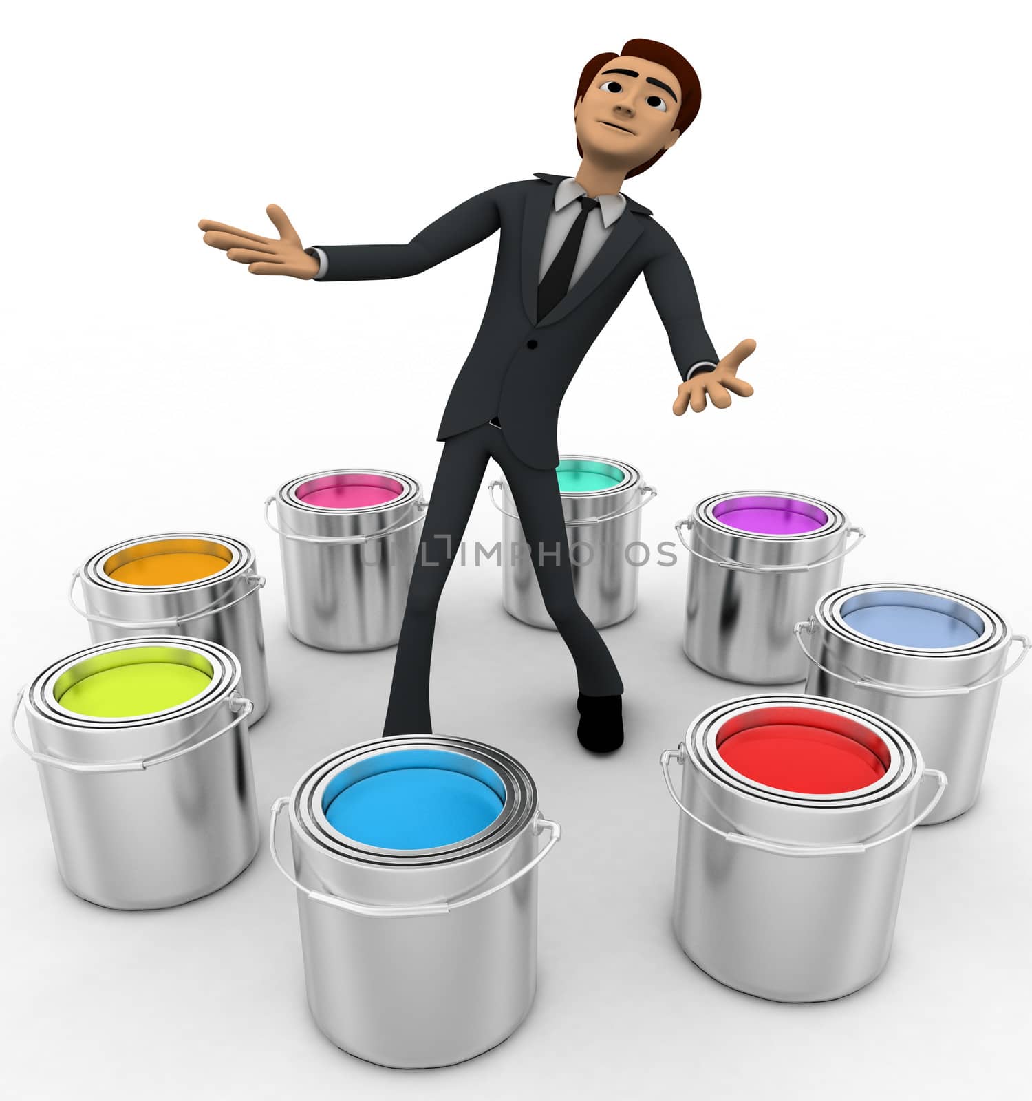 3d man with many eight colour buckets concept by touchmenithin@gmail.com