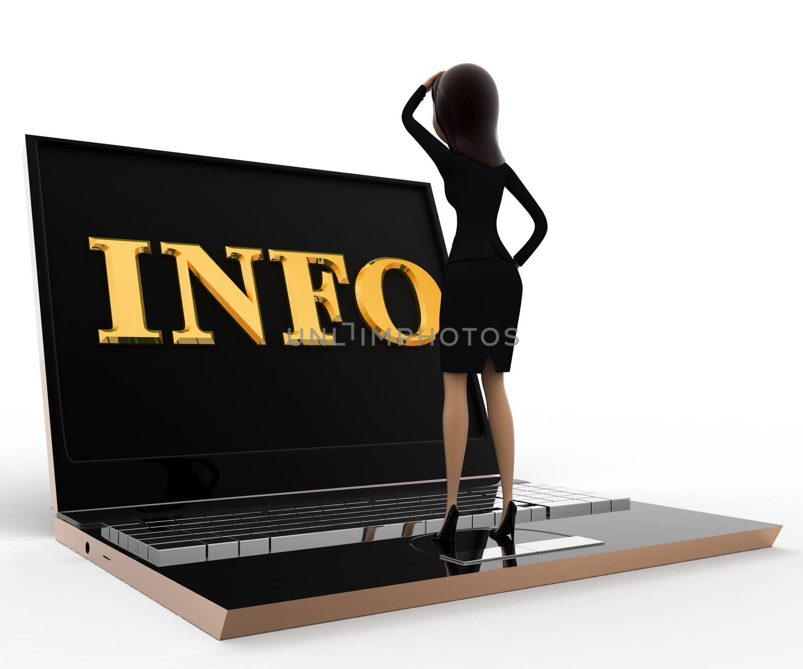 3d woman confused with info on laptop concept on white background, back angle view