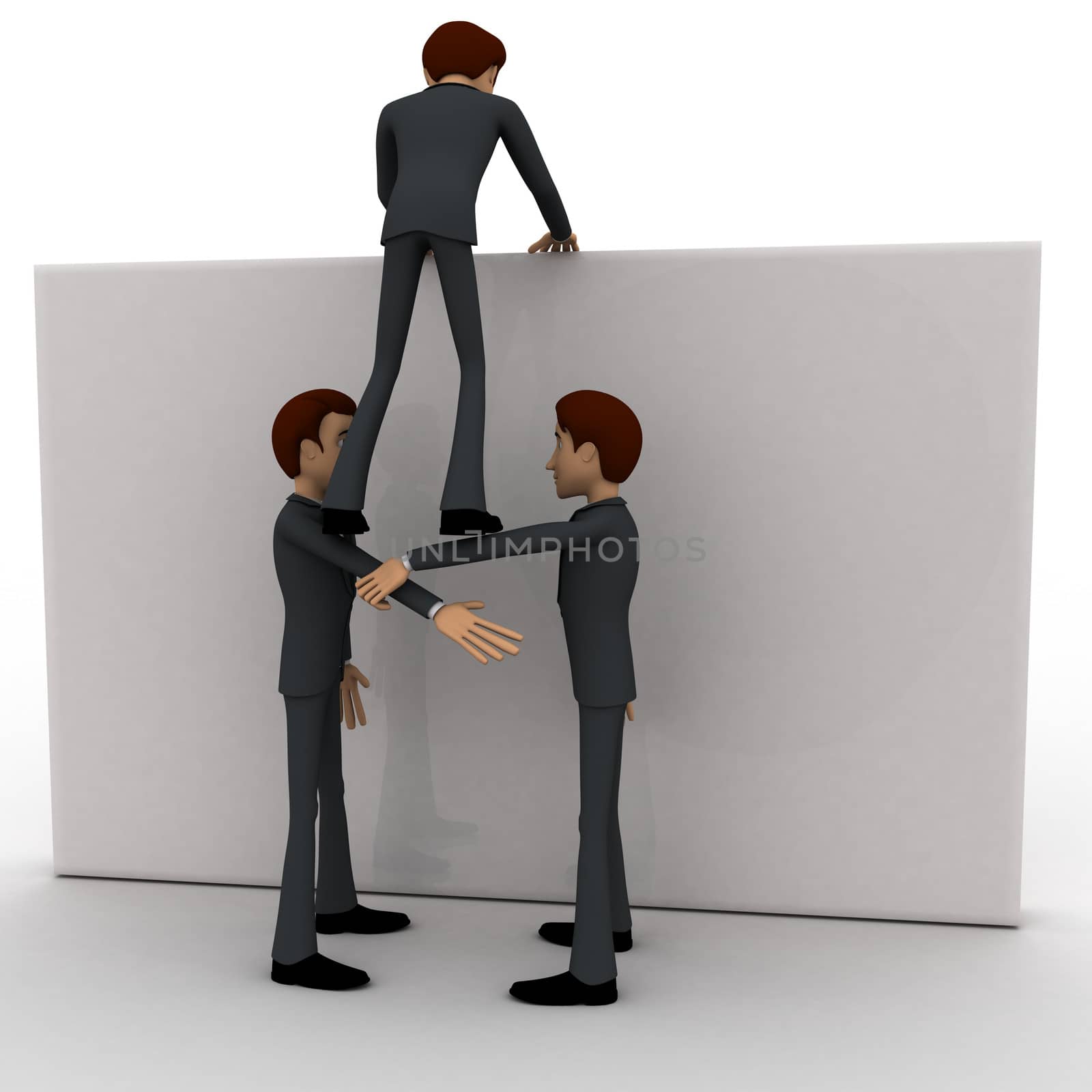 3d two men help another man to climb up wall concept by touchmenithin@gmail.com