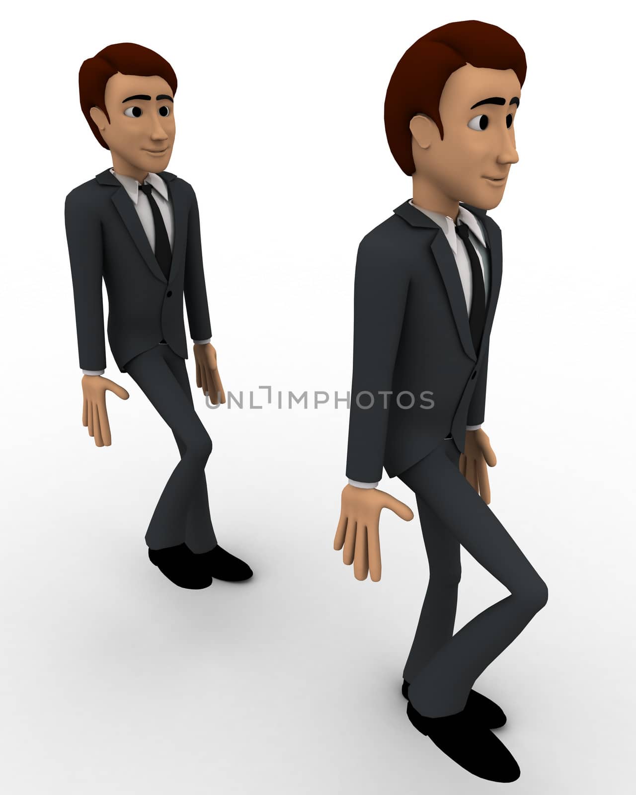 3d man following action of another man concept on white background, side angle view