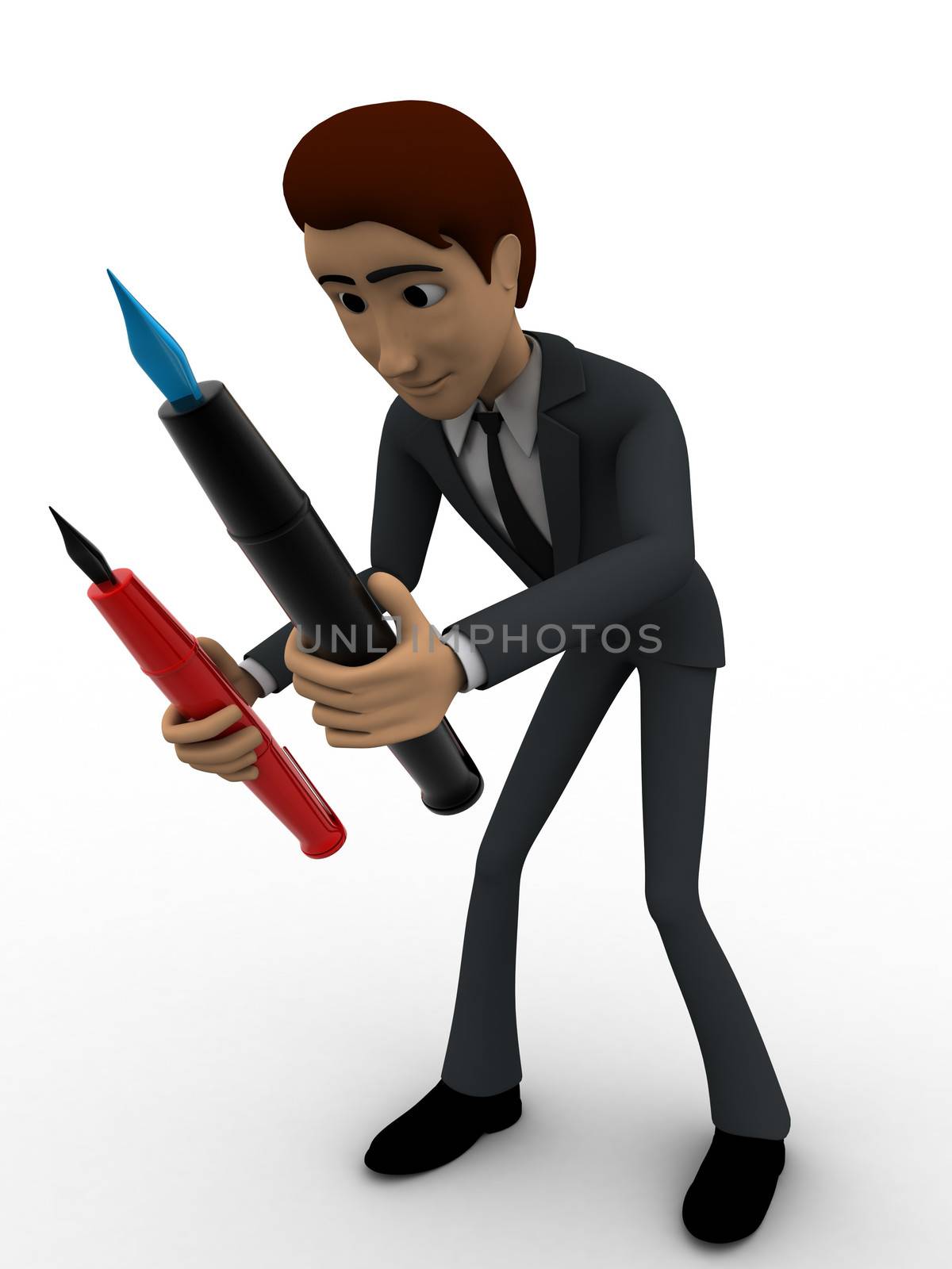 3d man can not choose from black and red pen concept on white background, right side angle view