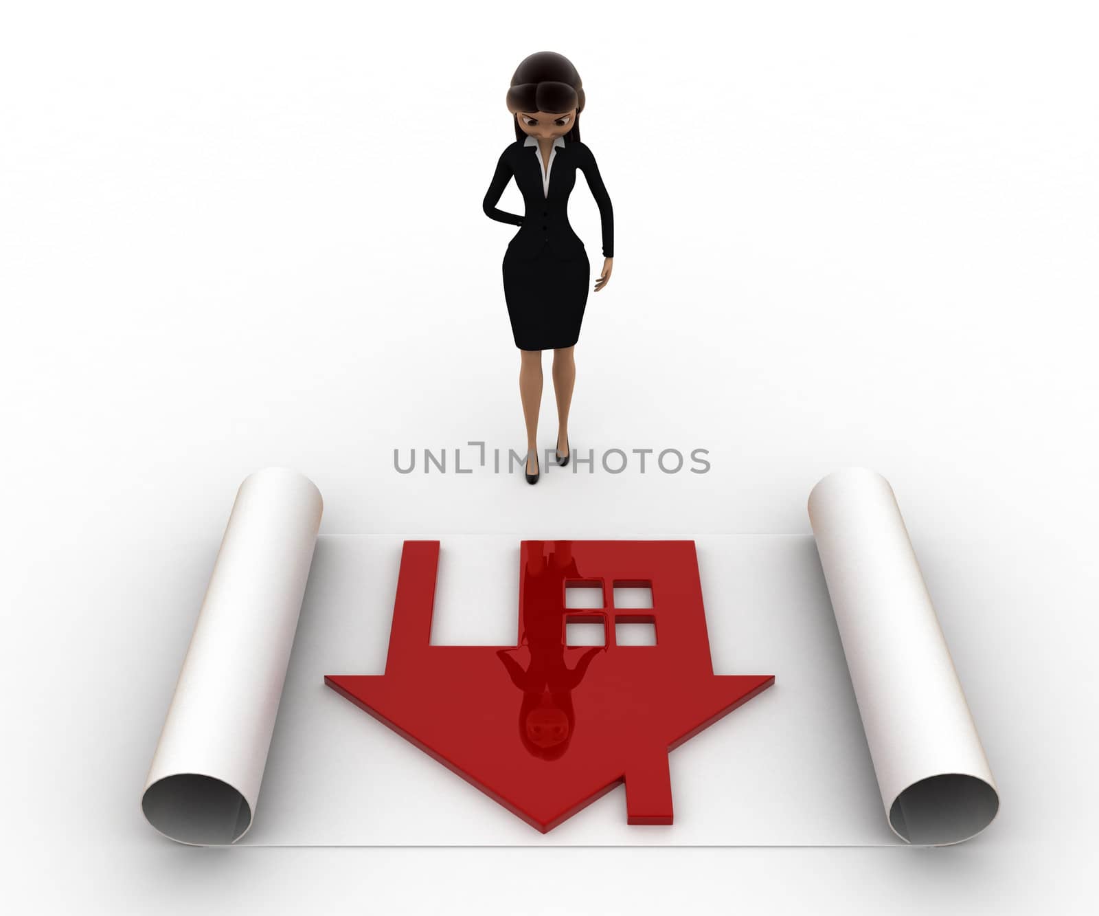 3d woman with house plan on paper scroll concept on white background, front angle view