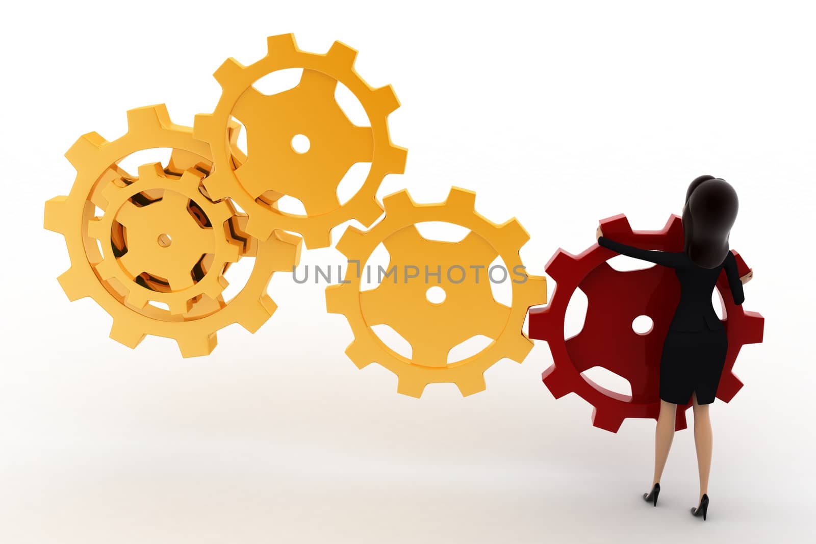 3d woman with red and golden gear wheels concept , front angle view