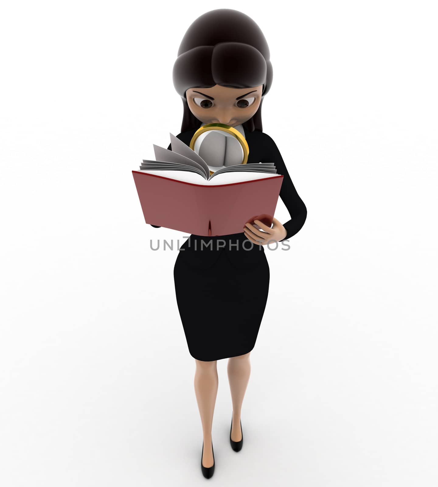 3d woman searching in book using magnifying glass concept on white background, front angle view