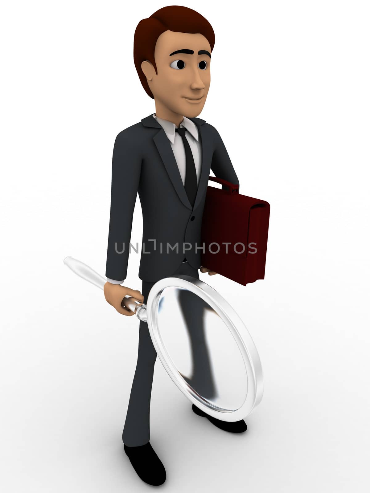3d man with magnifying glass and briefcase concept on white background, side angle view
