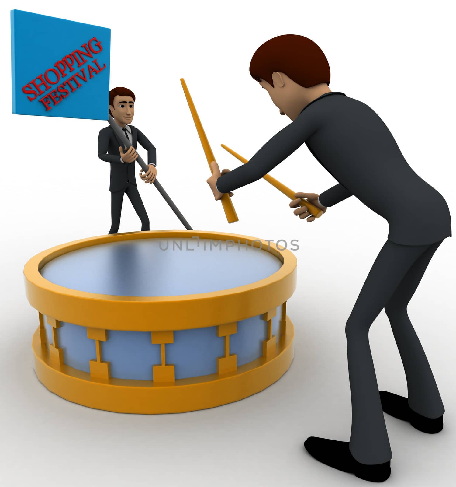3d man play drum to advertise shopping festival concept on white background, right side angle view