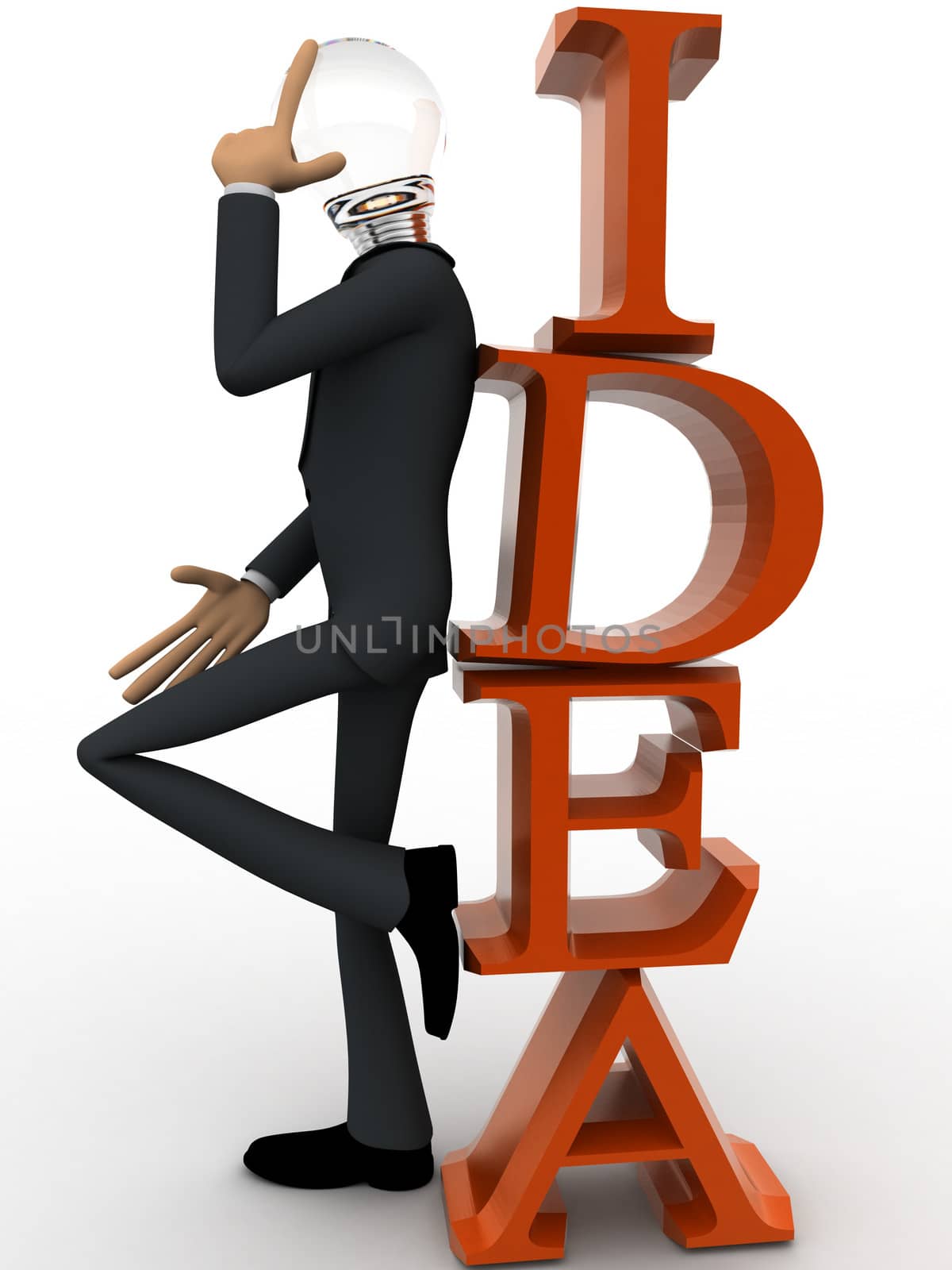 3d man with head of bulb and thinking for idea concept on white background, front angle view 