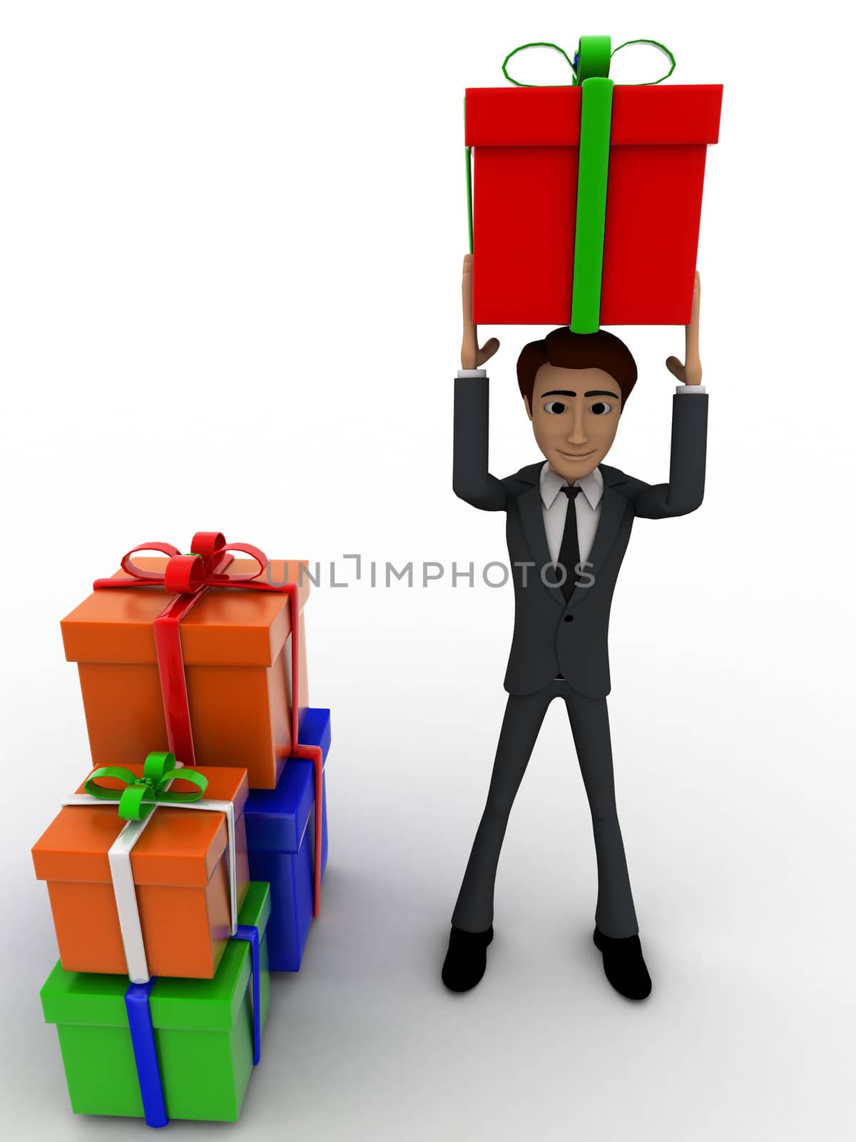 3d man holding gift on head and with many other gifts concept on white background, front  angle view