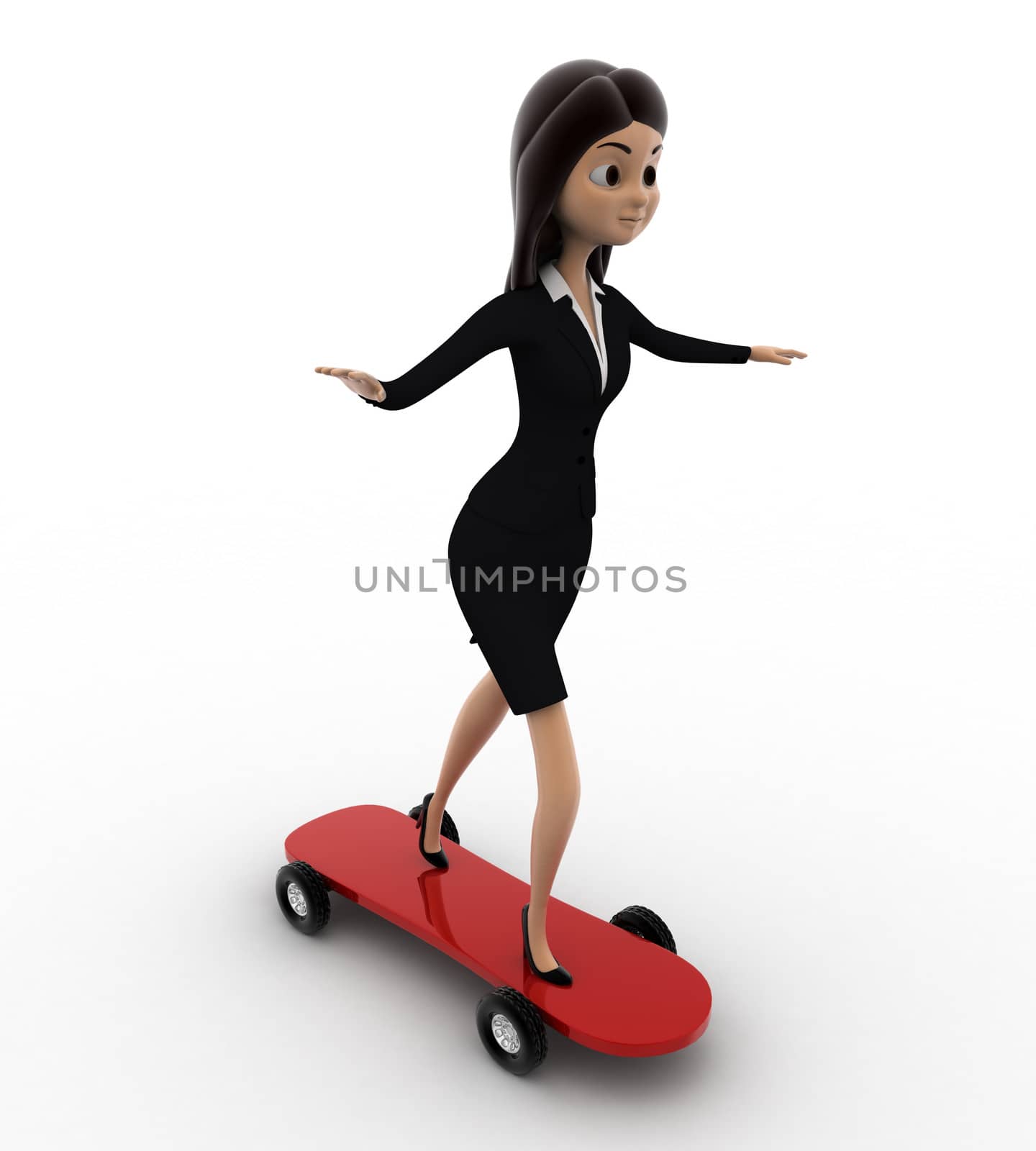 3d woman skating on skateboard concept on white background, side angle view