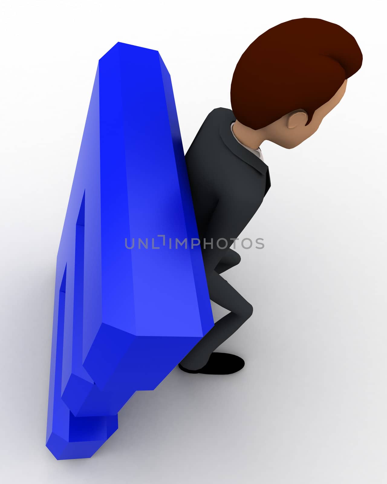 3d man supporting E letter from falling down concept on white background, top angle view