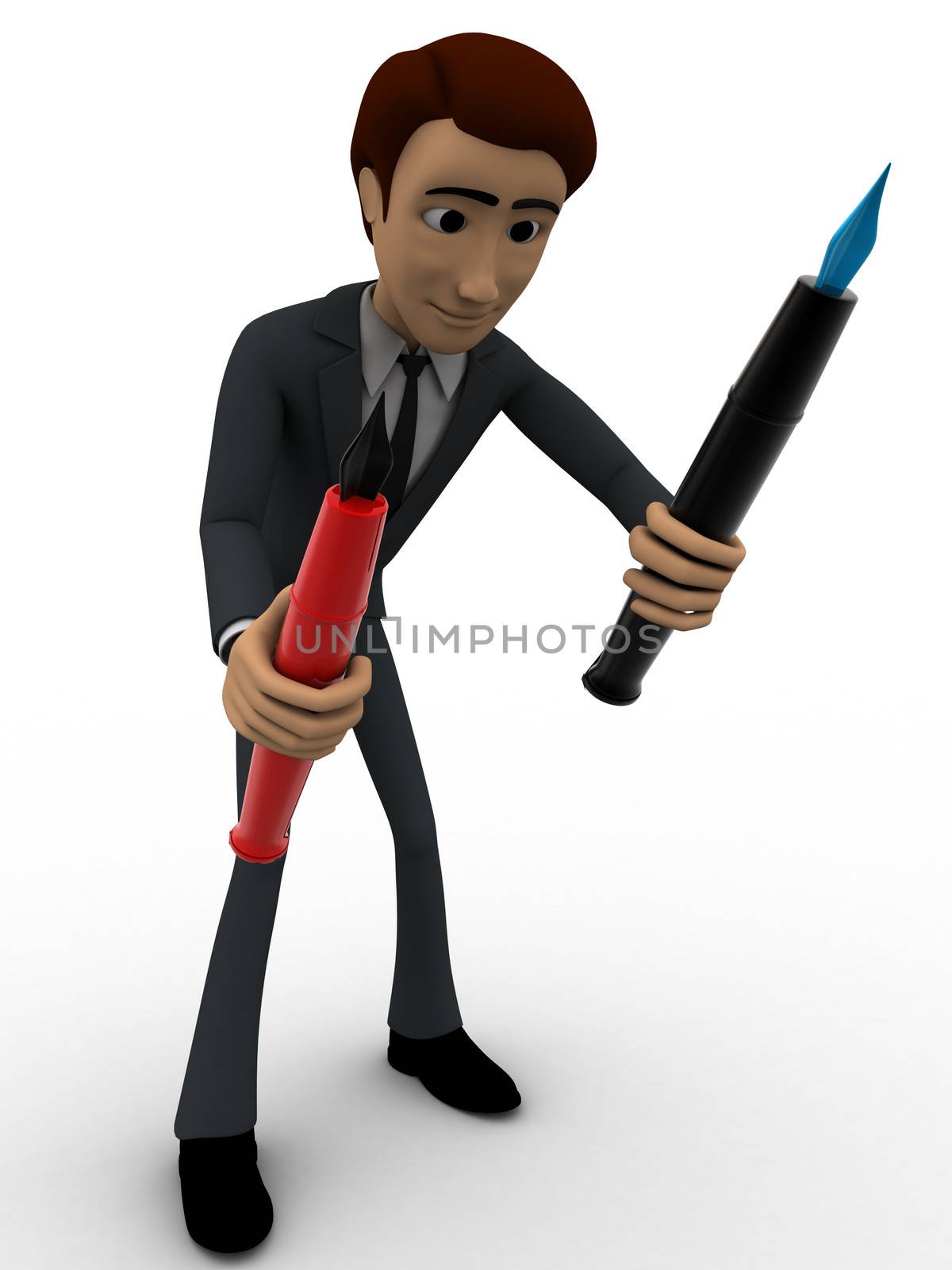 3d man can not choose from black and red pen concept on white background, front  angle view