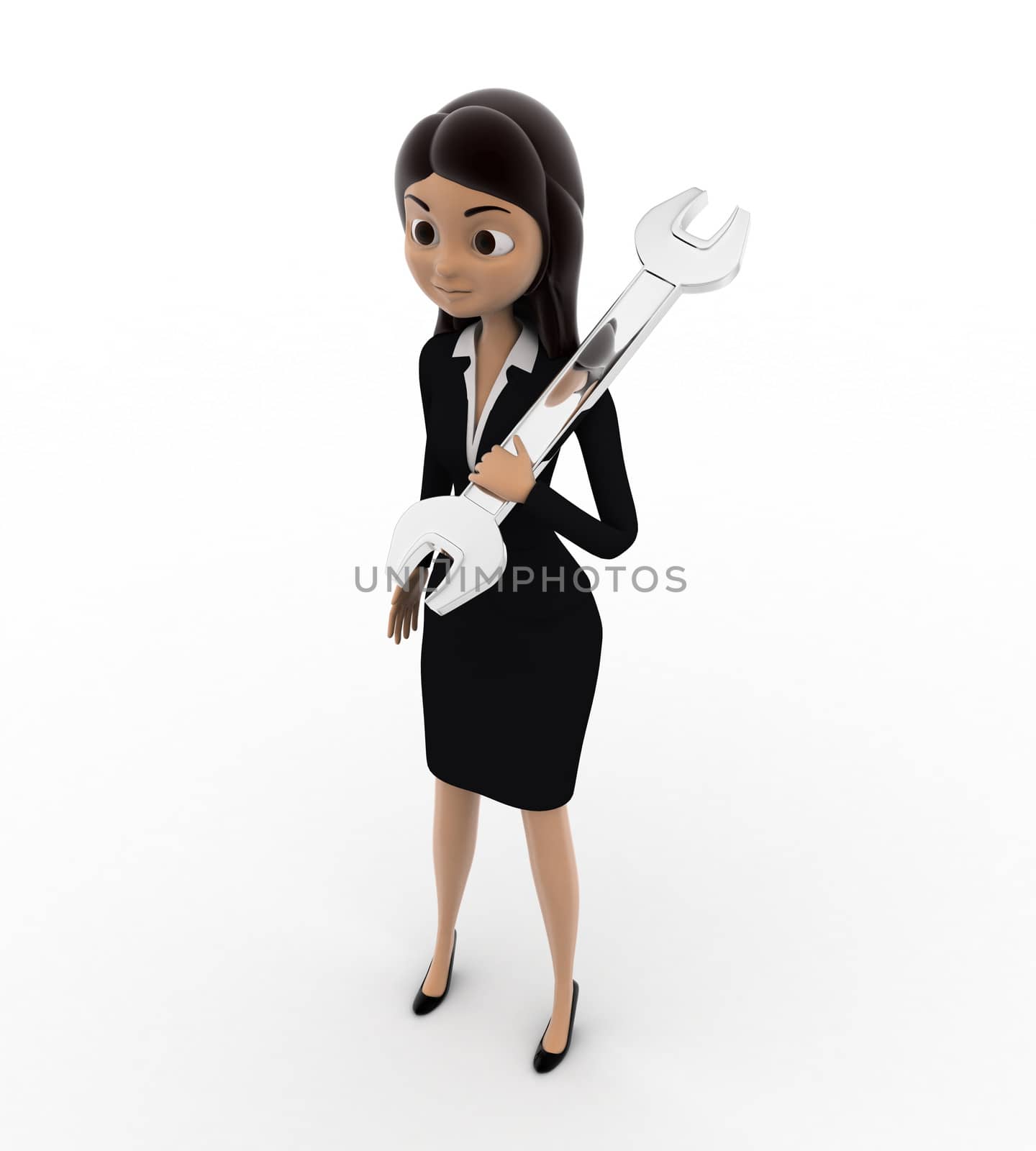 3d woman holding wrench on soulder concept by touchmenithin@gmail.com