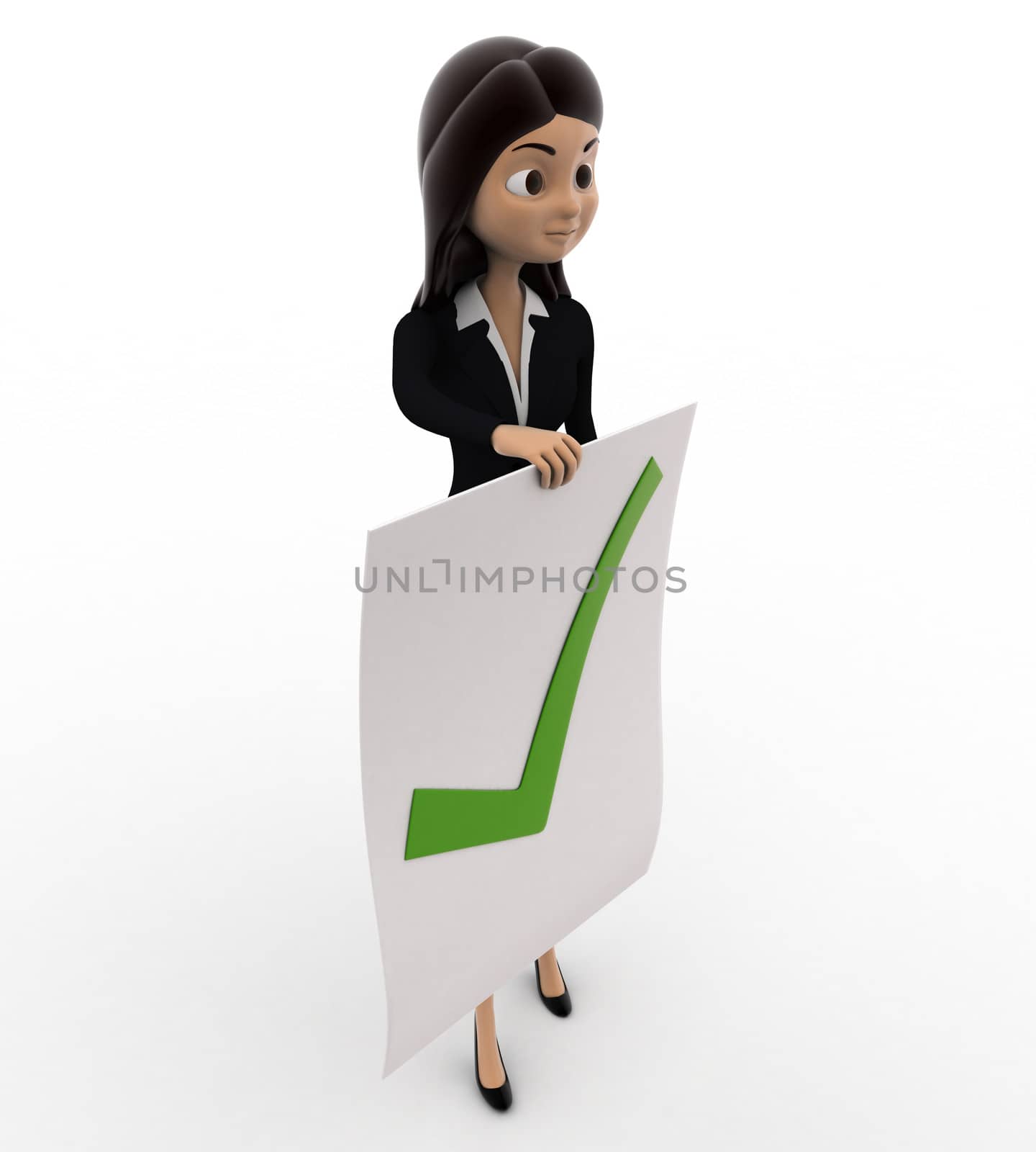 3d woman holdig paper with right symbol for approve concept on white background, side angle view