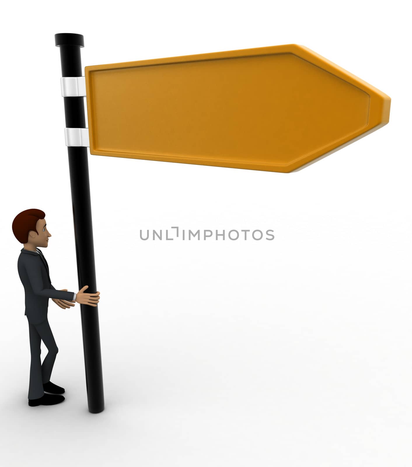 3d man with yellow sign board concept on white background, back angle view