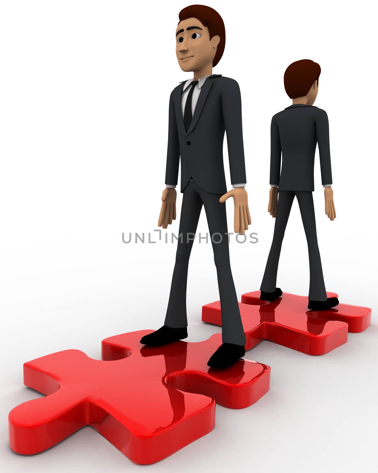 3d two men stand on red puzzle piece on opposite side concept by touchmenithin@gmail.com