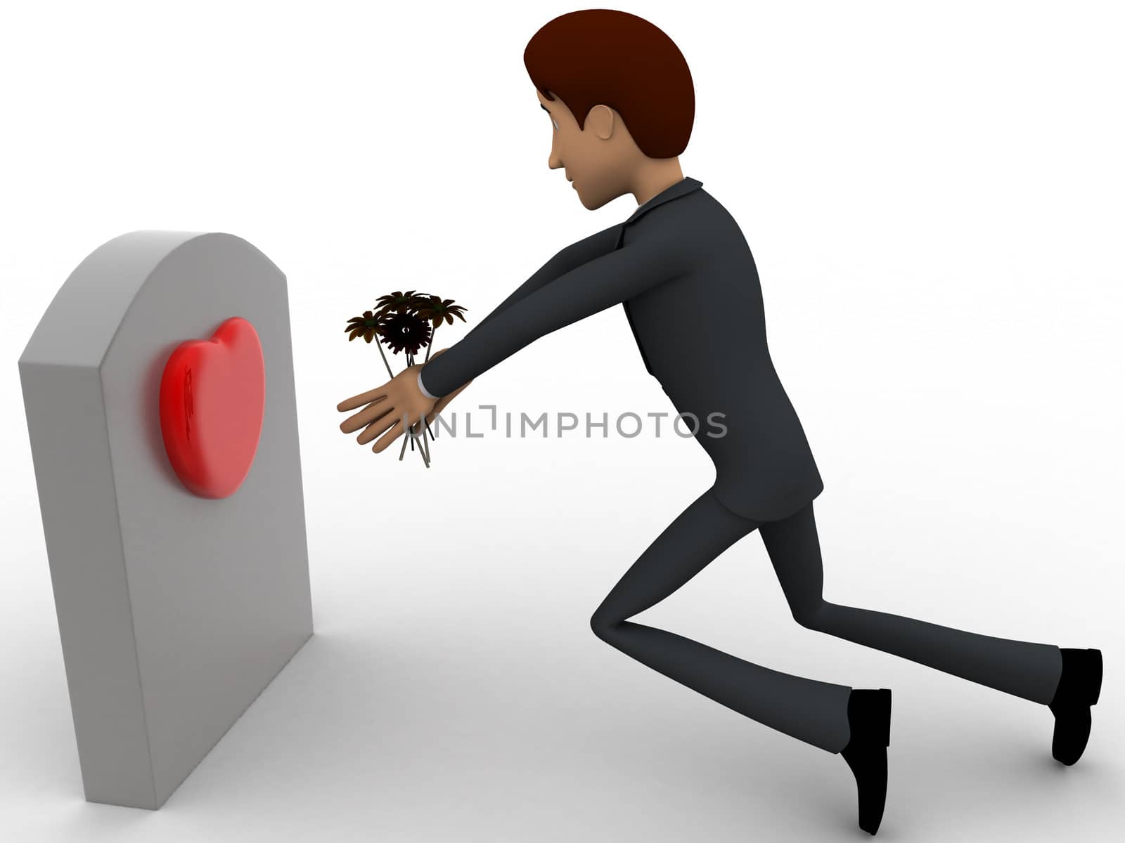 3d man putting flower on grave stone of his love concept on white background,side angle view