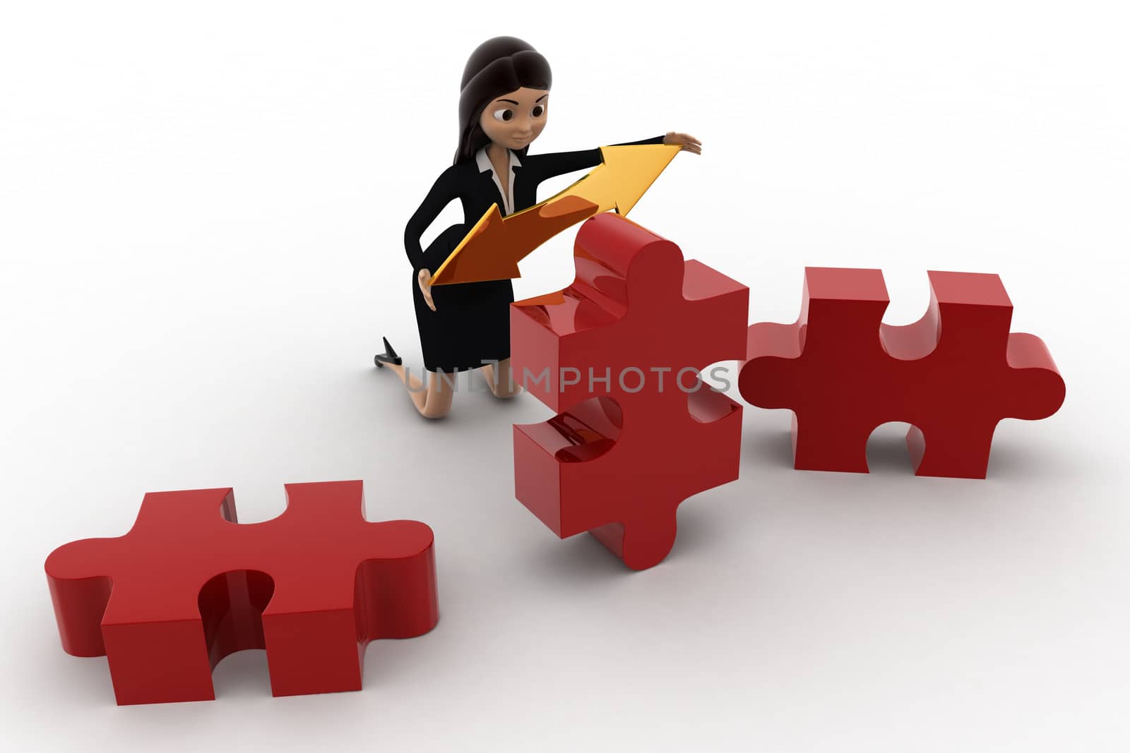 3d woman holding golden bidericational arrow and red puzzle pieces concept on white background, side angle view