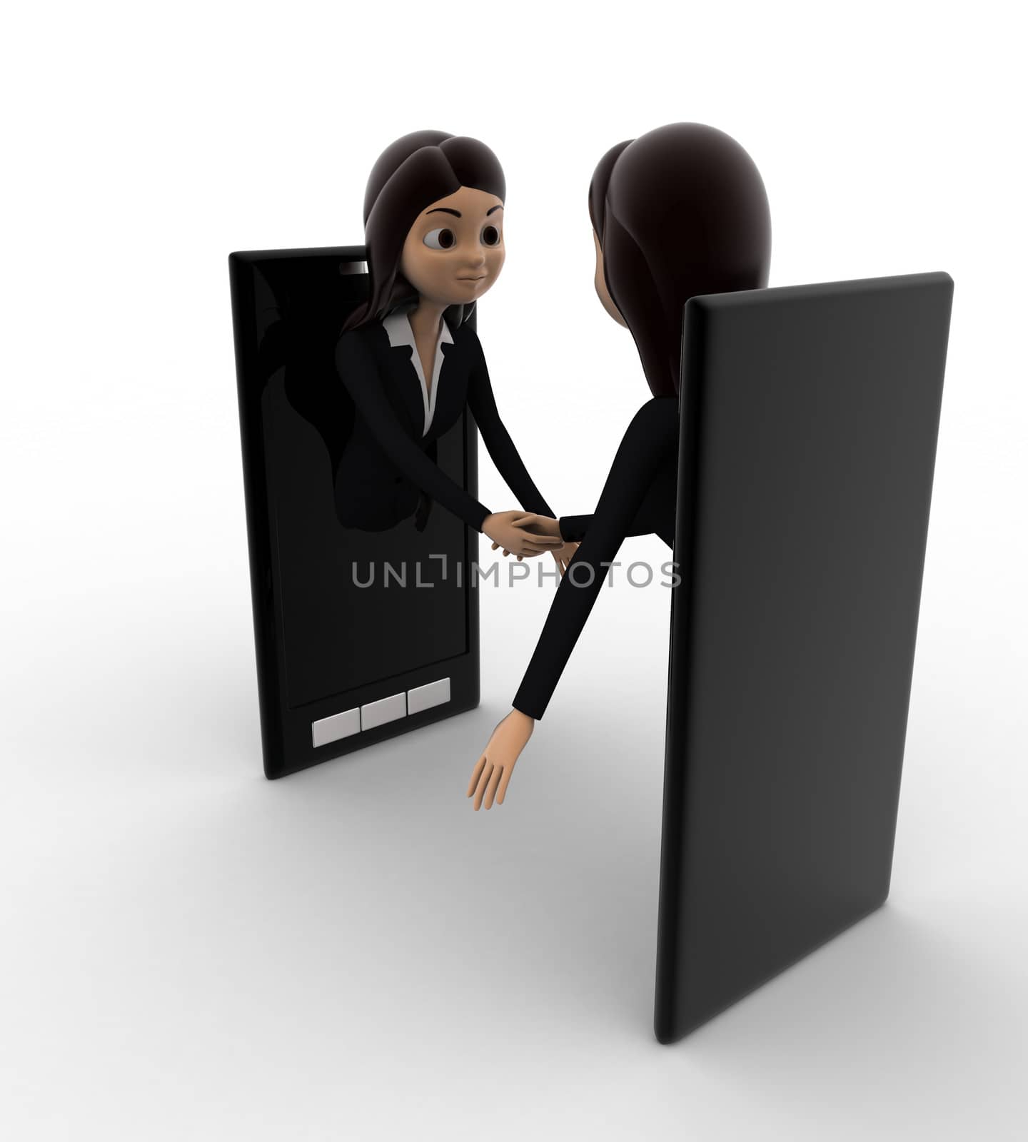 3d woman meet and ahndshake through smartphone screen concept by touchmenithin@gmail.com