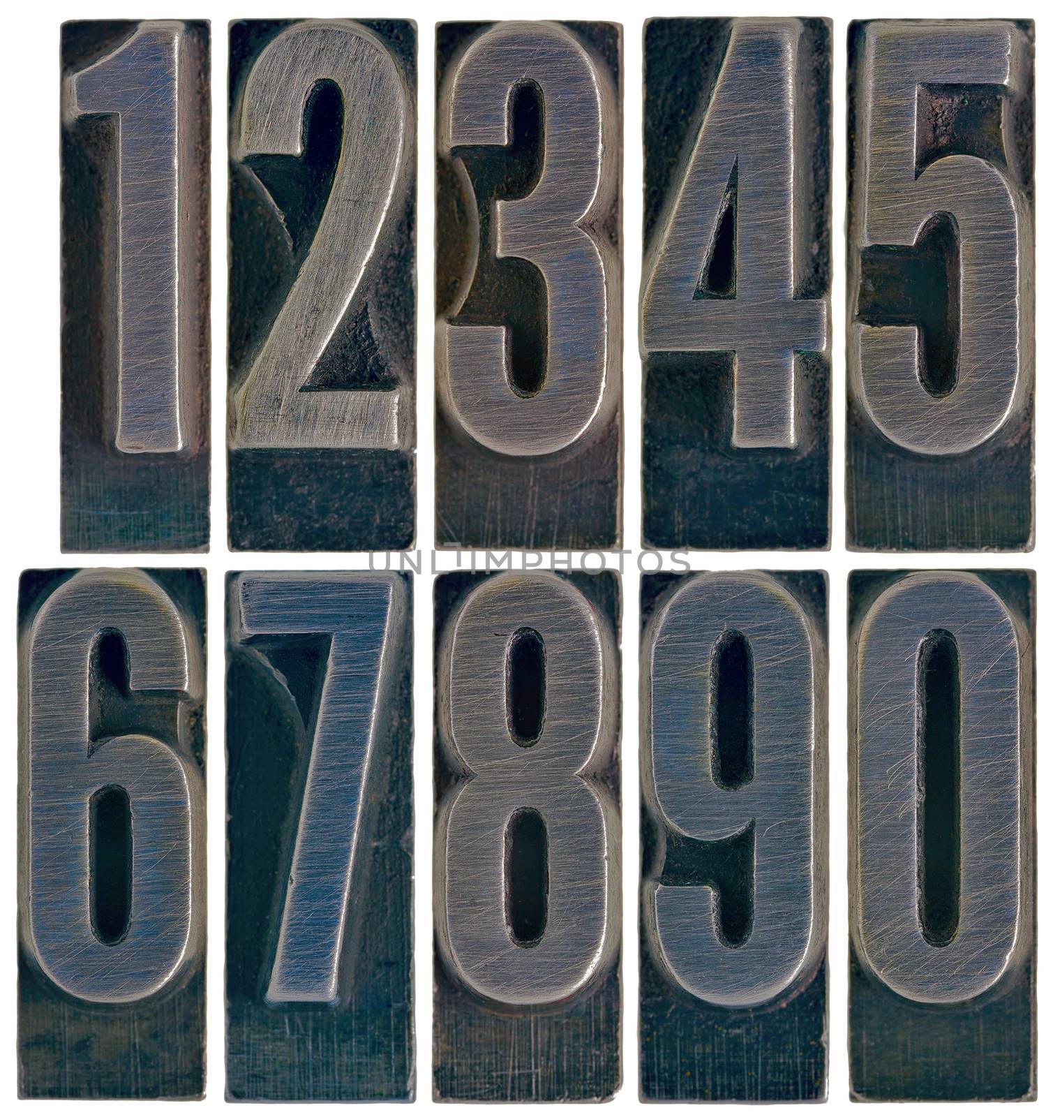 ten arabic numerals 0 to 9 in old grunge metal letterpress printing blocks isolated on white