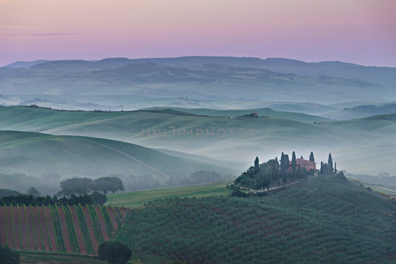 Foggy sunrise with a pink sky and mist between the Tuscan hills over agriturismo podere il Belvedere farmhouse in the Valdorcia (Orcia Valley) between Pienza and San Quirico in Tuscany, Italy.