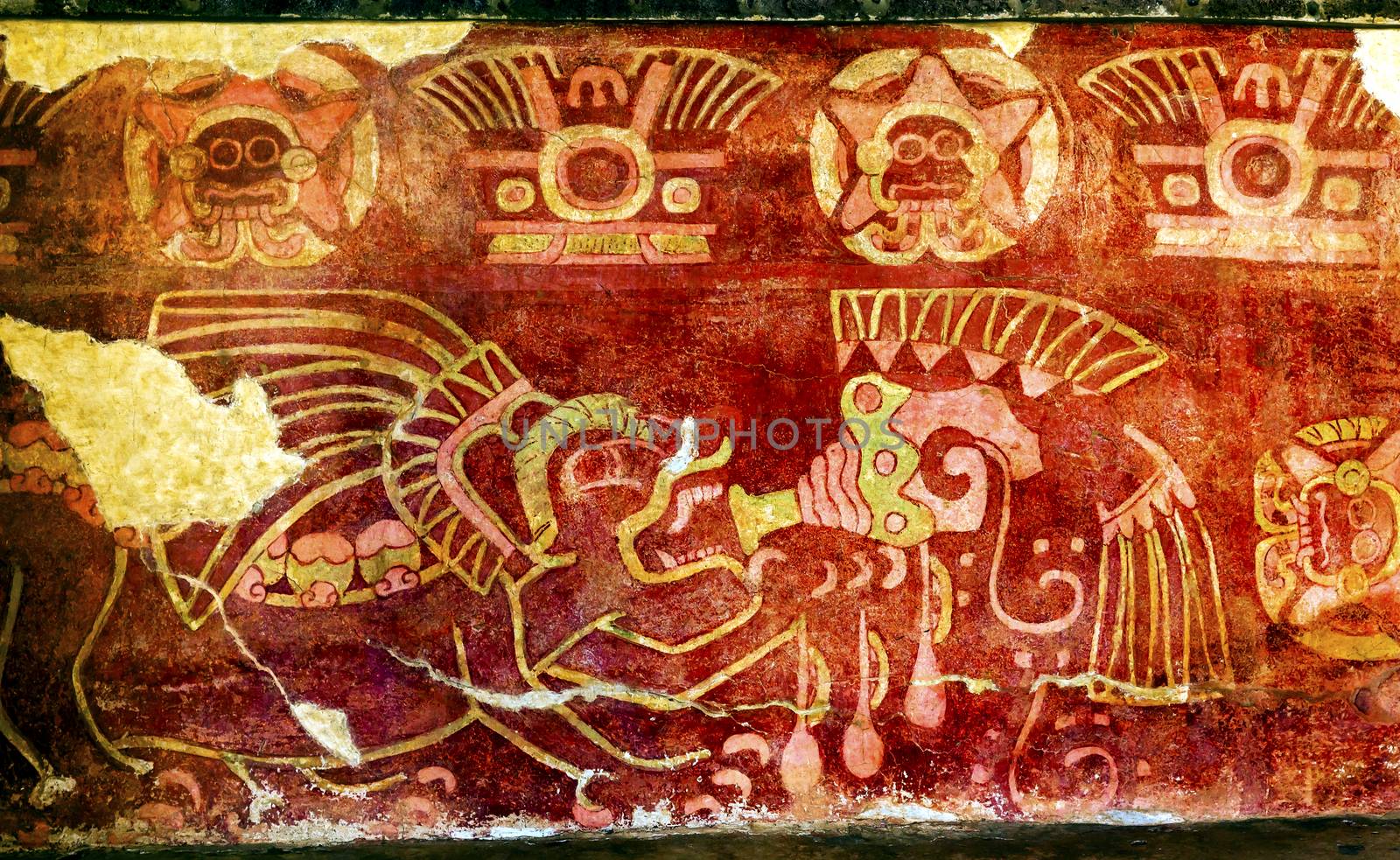 Ancient Drinking Tequila Pulque Painting Mural Wall Indian Ruins at Teotihuacan Mexico City Mexico.  Palace of Quetzalpapaloli.  Ancient ruins date back to 100 to 750AD.


