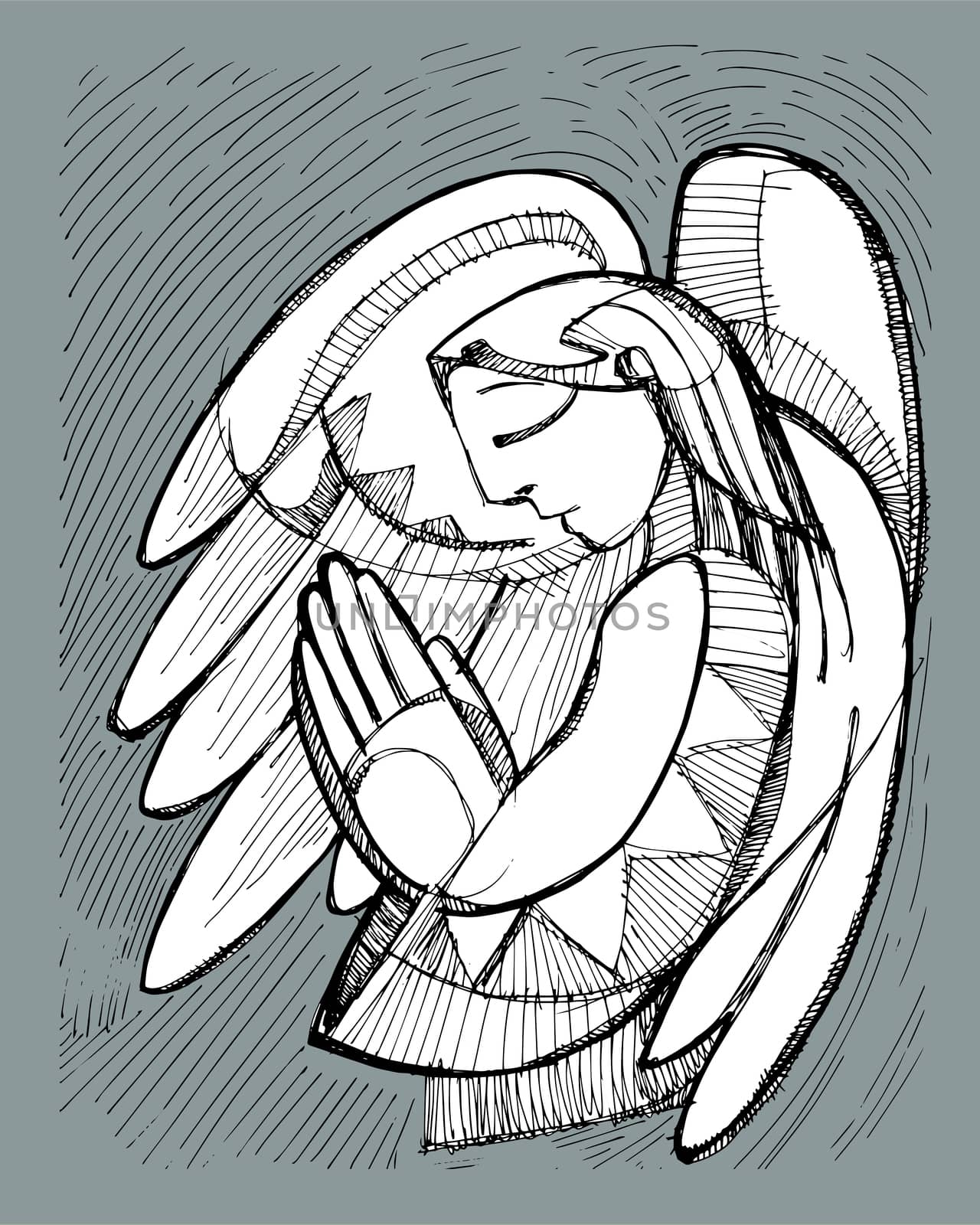 Hand drawn vector illustration or drawing of a praying Guardian Angel