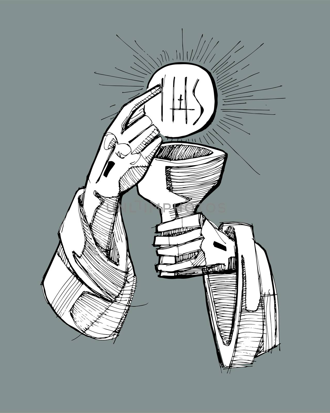 Hand drawn vector illustration or drawing of Jesus Christ hand with a Cup and a Host, representing the Eucharist Sacrament