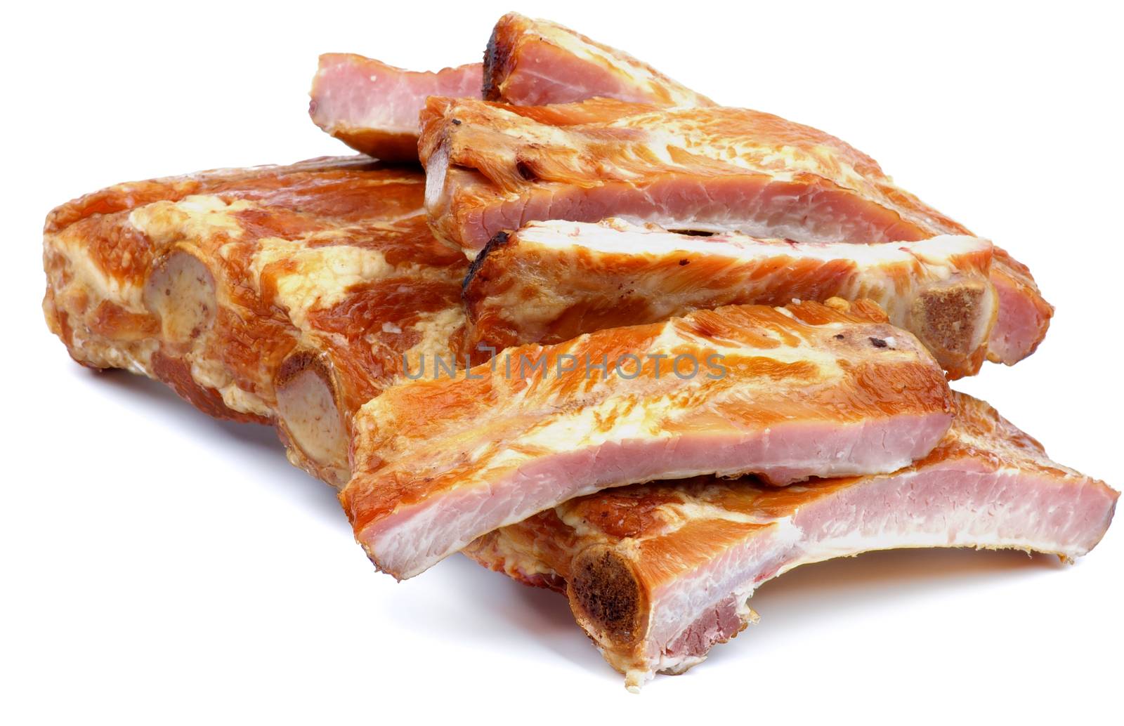 Heap of Delicious Smoked Pork Ribs Slices Isolated on White background