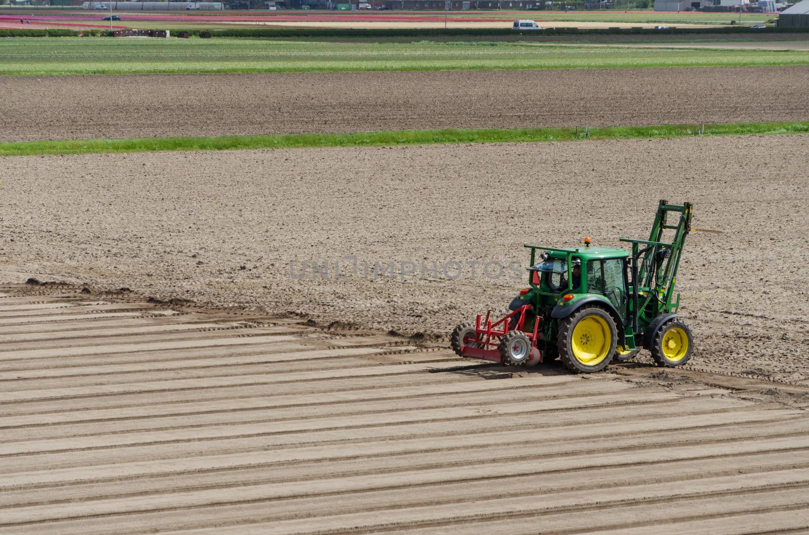 Tractor in dutch field after harvest near keukenhof  by siraanamwong