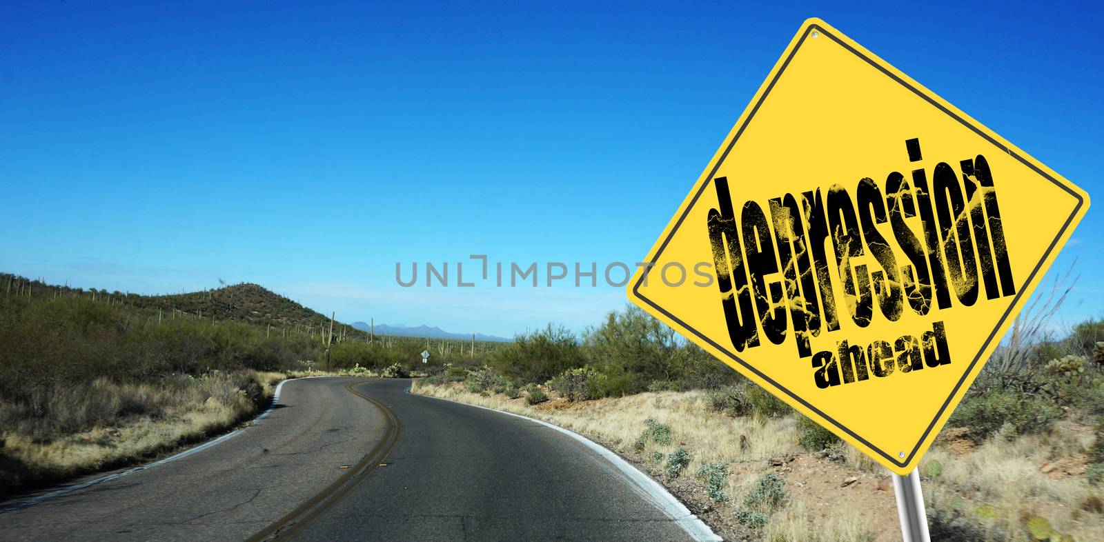 Depression crisis sign on a sky background and dessert road
