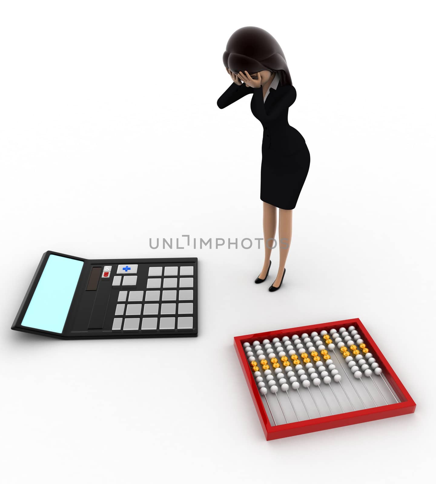 3d woman looks worried about calculation on calculator and abacus concept on white background, top  angle view